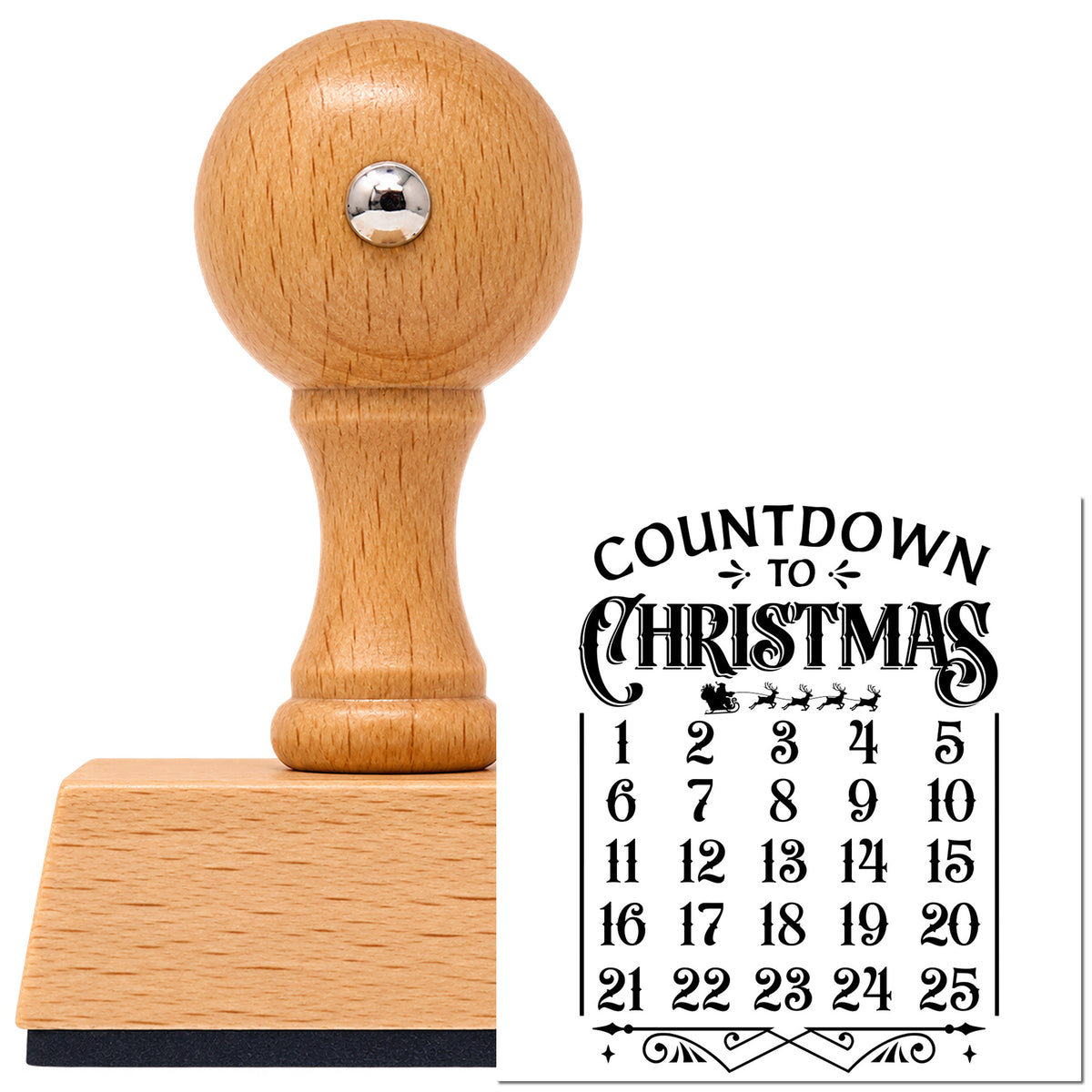 Countdown To Christmas Calendar Vintage Pro rubber stamp in European beech wood with a round knob handle, shown beside its black imprint.
