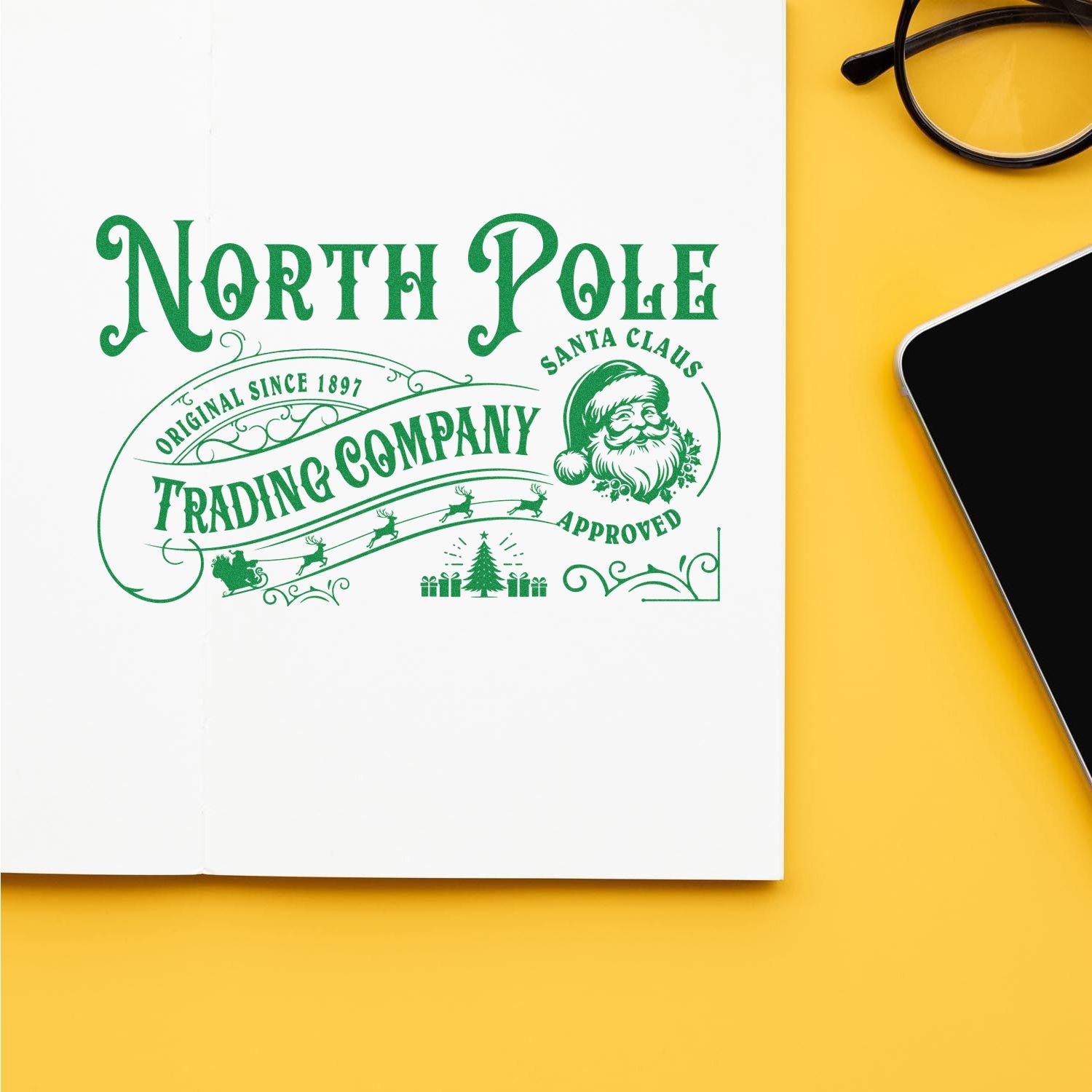 Vintage North Pole Trading Company Santa Claus rubber stamp design for Christmas cards, holiday packaging, and festive branding.