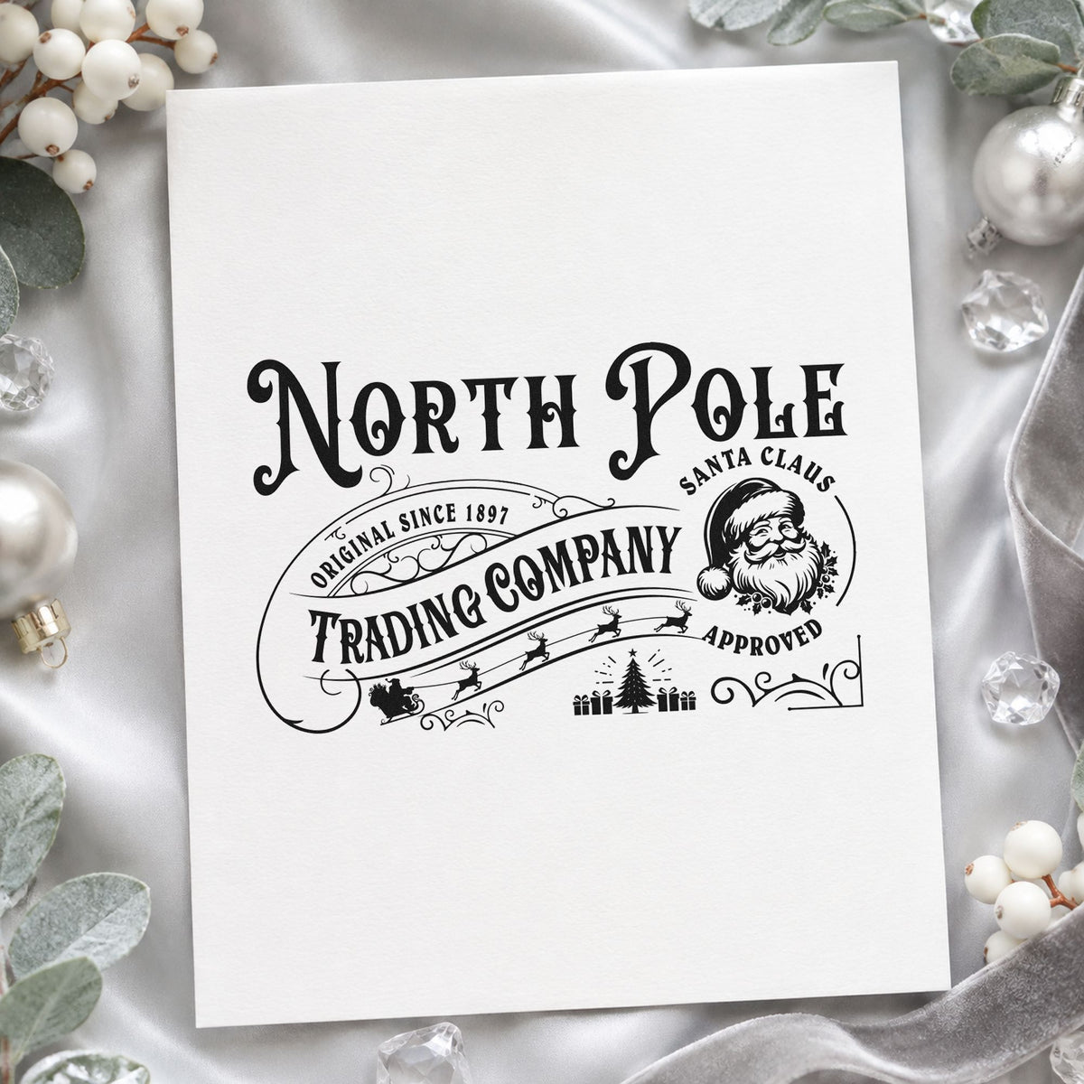 North Pole Trading Santa Approved rubber stamp printed in black ink, ready for approved seal cards and similar paper crafts.
