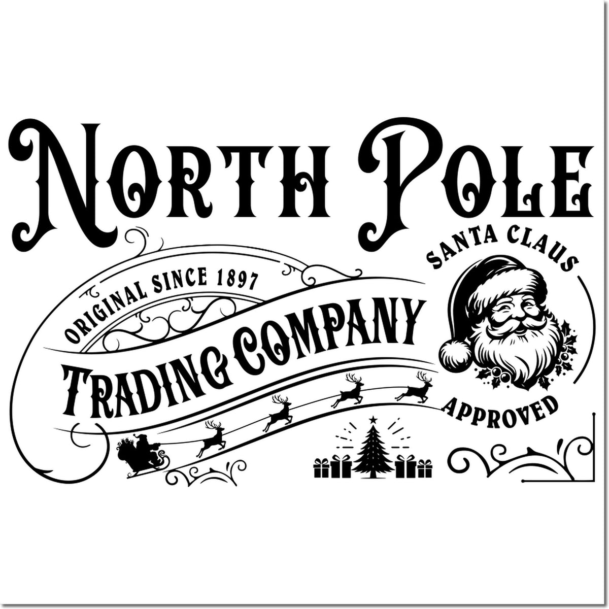 Vintage North Pole Trading Company rubber stamp design with Santa Claus Approved, sleigh, reindeer, and holiday gift accents.