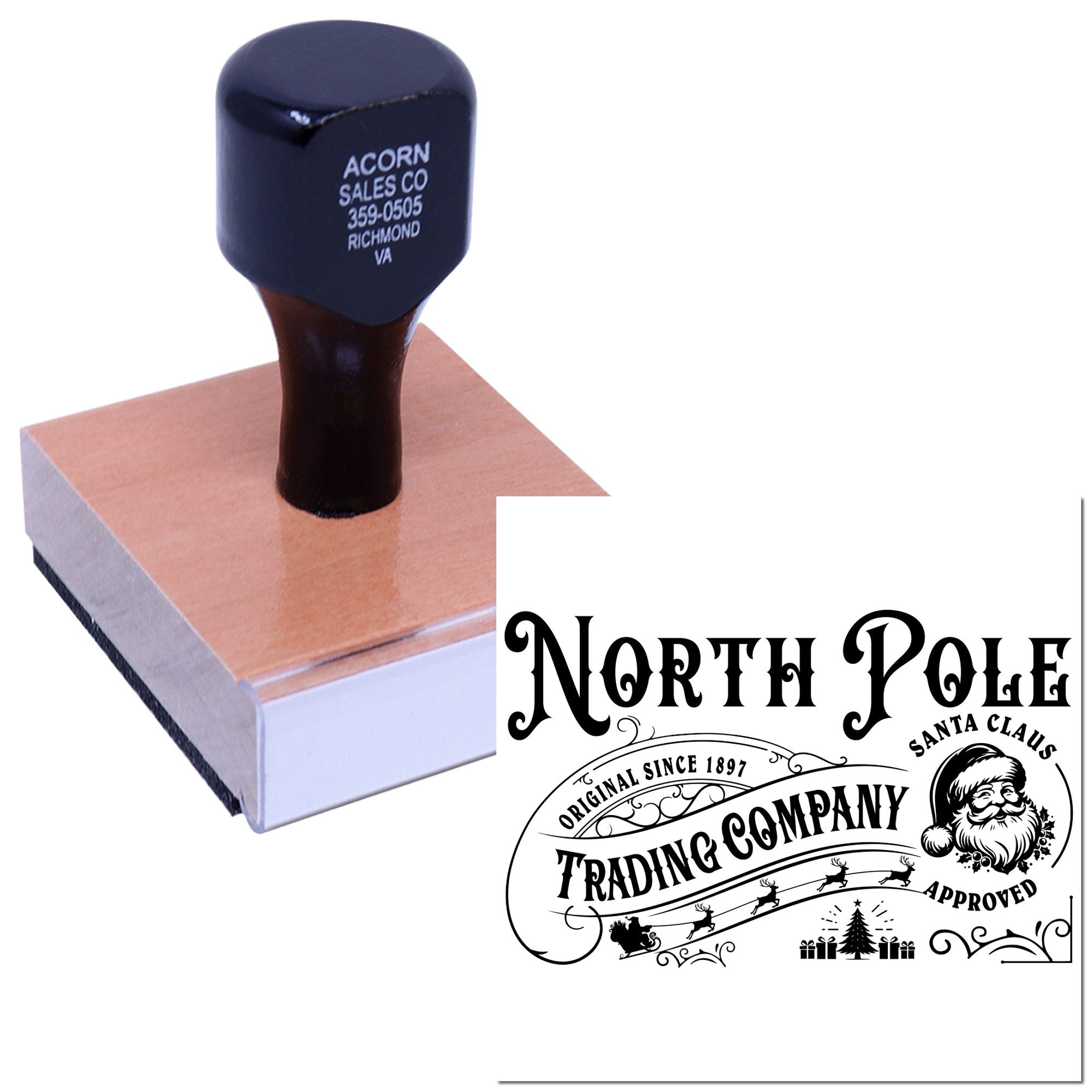 Custom rubber stamp with wooden handle showing a holiday North Pole Trading Company Santa Claus approved imprint.