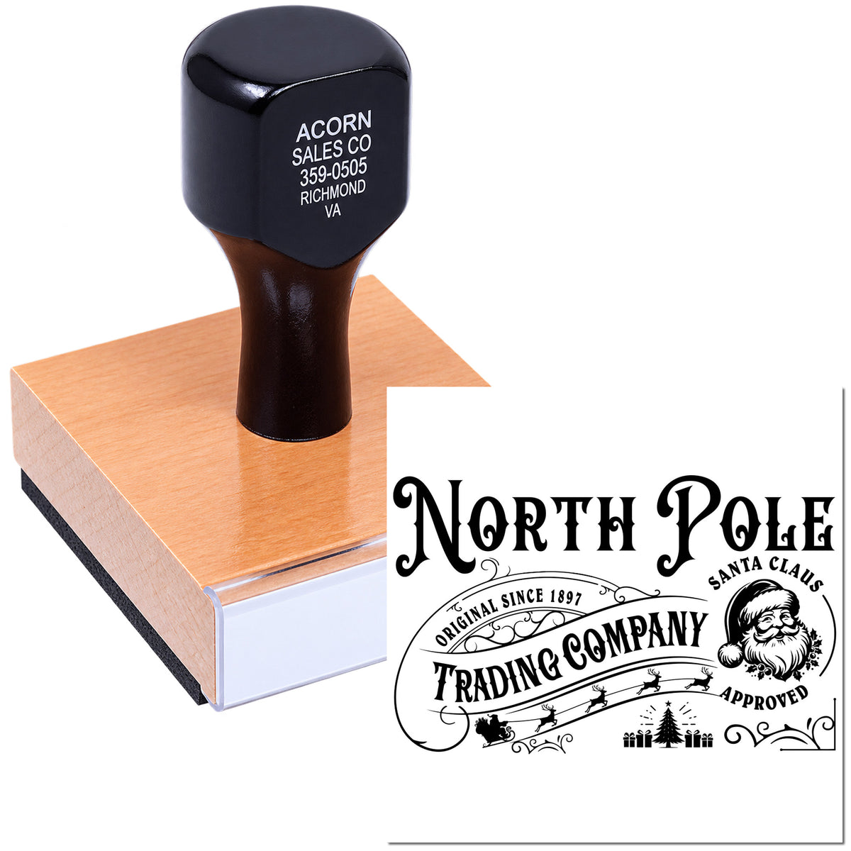 Custom rubber stamp with wooden handle showing a holiday North Pole Trading Company Santa Claus approved imprint.