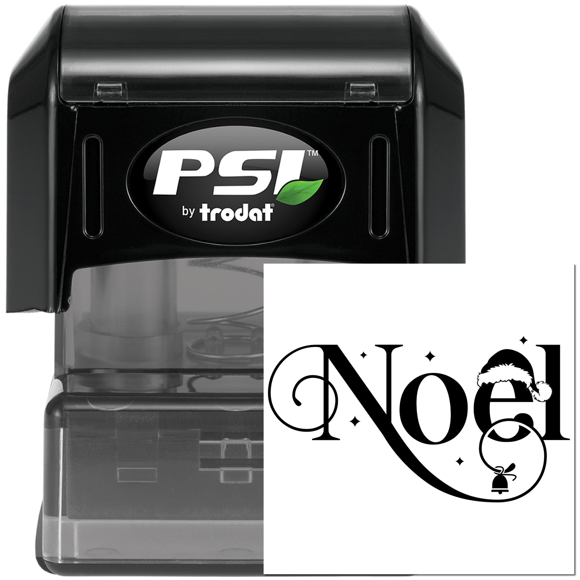 PSI by Trodat self-inking rubber stamp with custom Noel holiday design for Christmas cards and gift packaging.