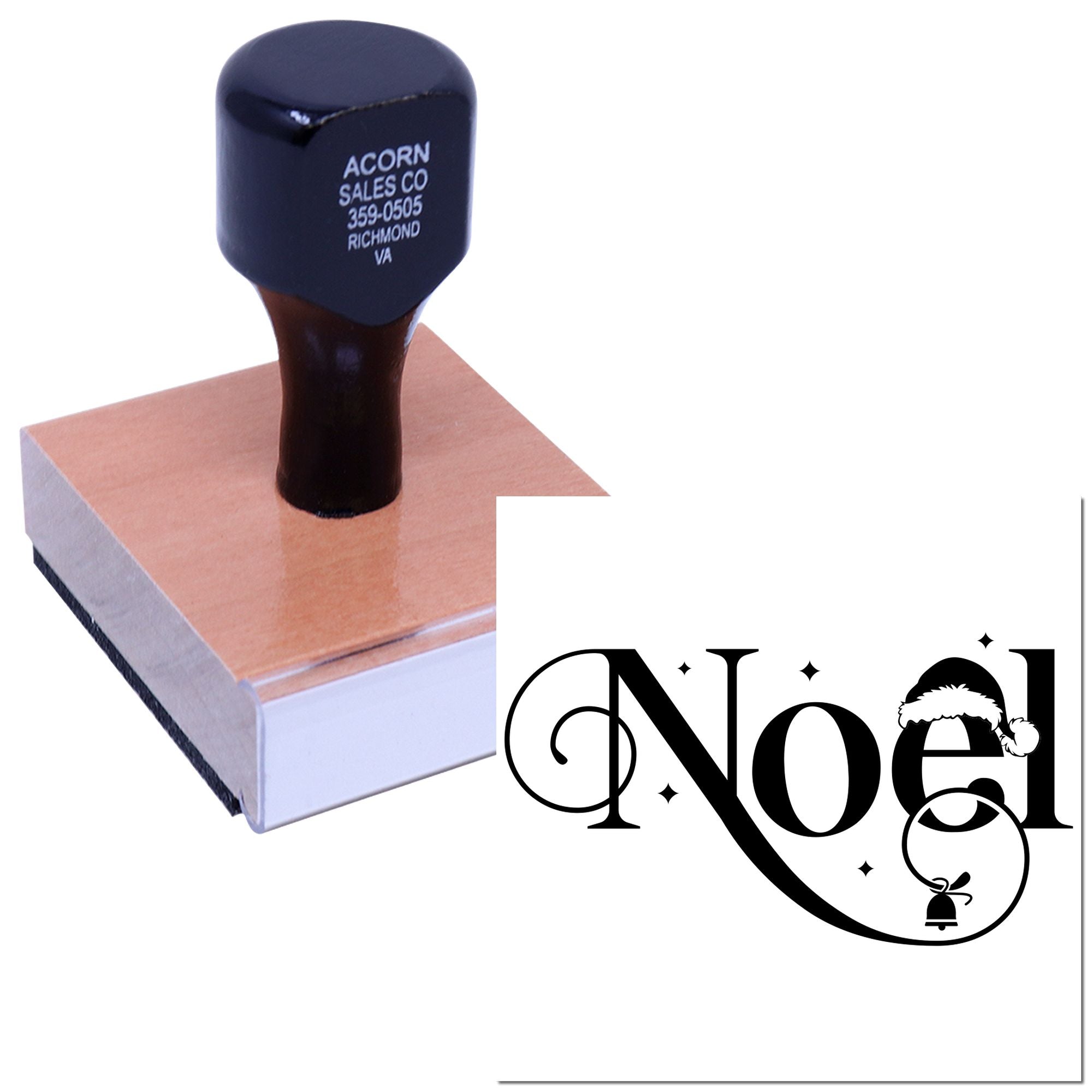 Noel Christmas rubber stamp design with decorative holiday lettering and bell accent