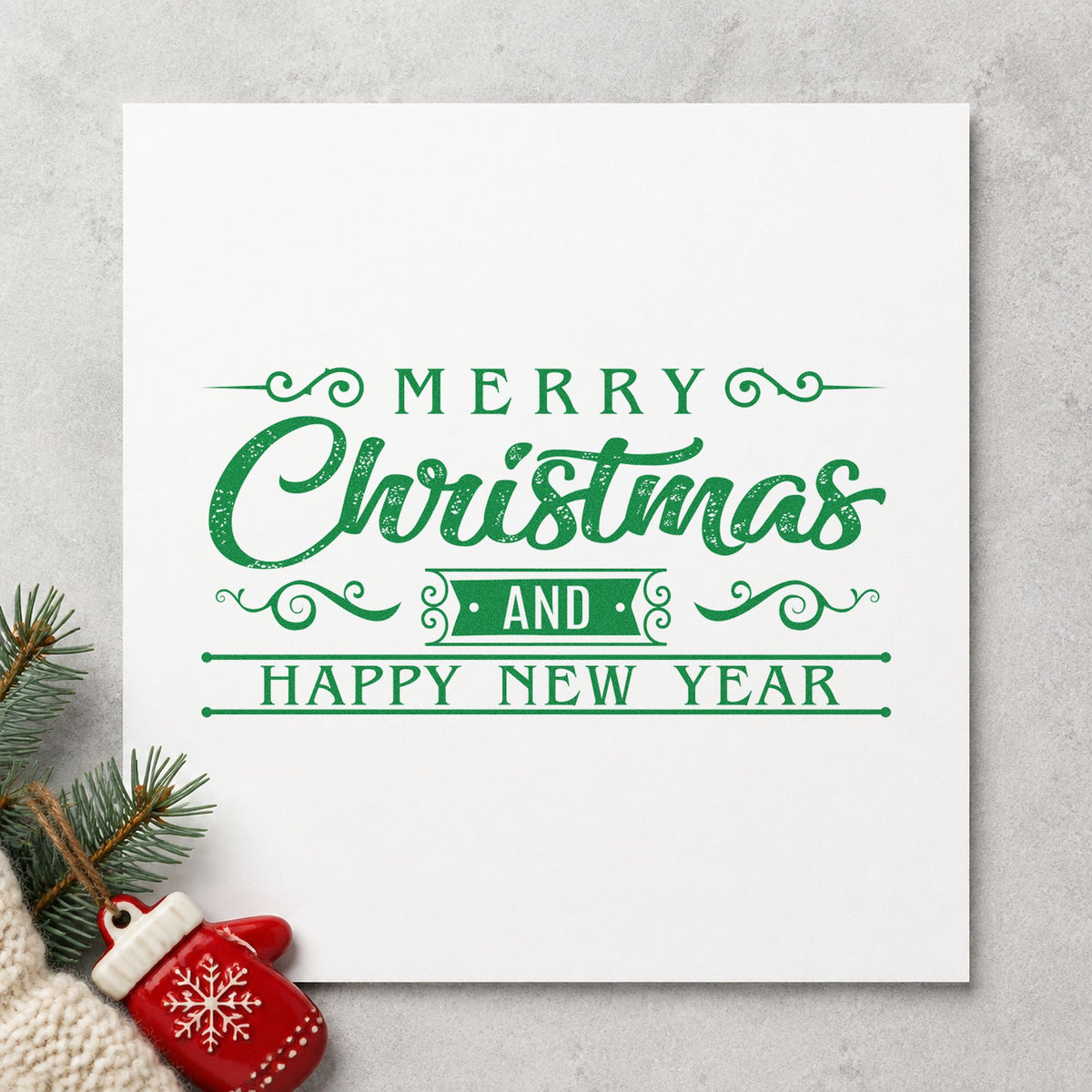 Merry Christmas Happy New Year craft stamp imprinted in green ink on paper, a design suited to framed hall span.