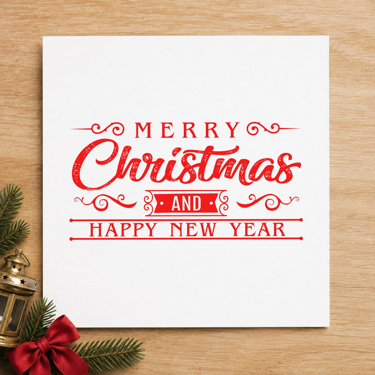 Merry Christmas Happy New Year rubber stamp shown in red ink, stamped for projects such as newsletter fold labels.