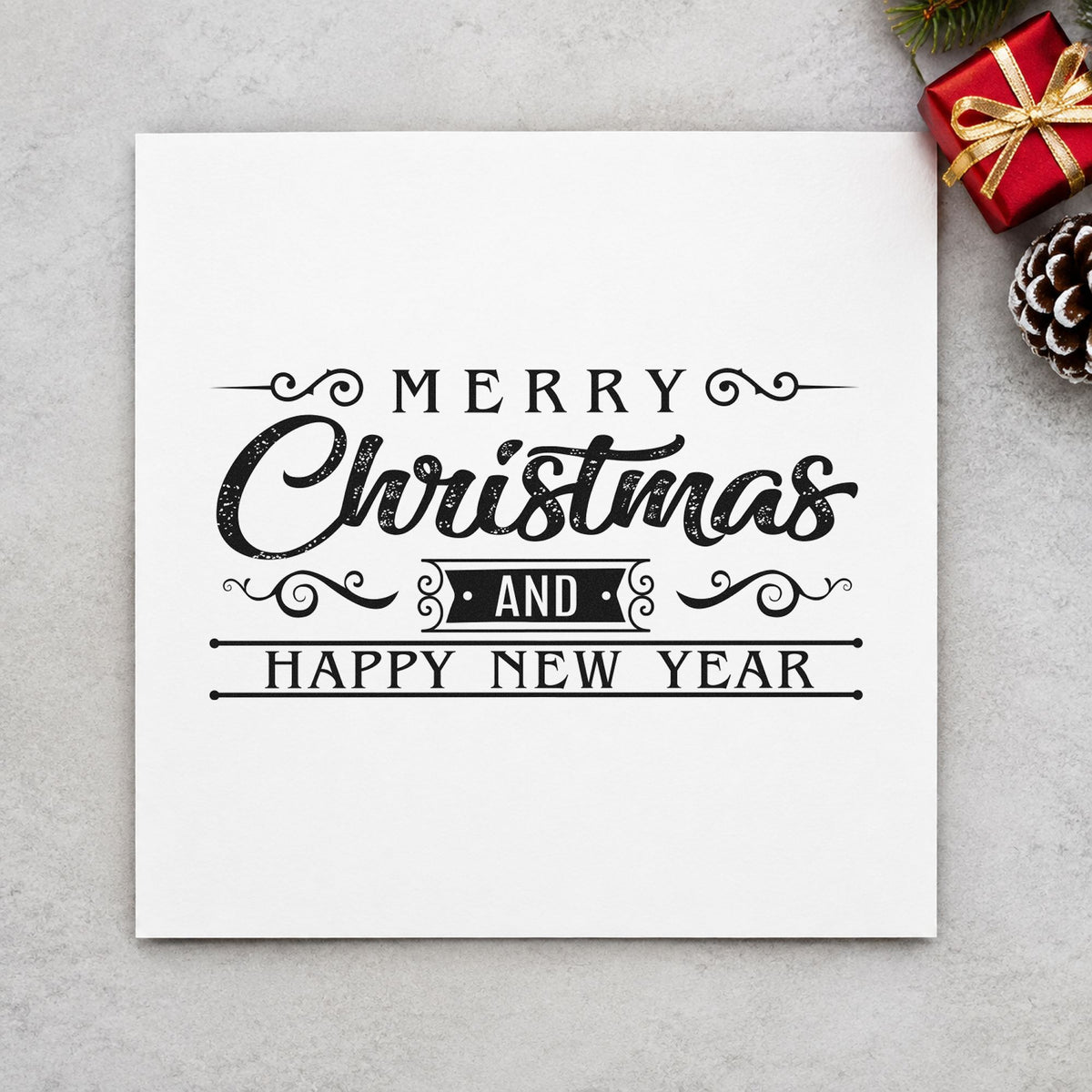 Merry Christmas Happy New Year rubber stamp printed in black ink, ready for dual greeting cards and similar paper crafts.