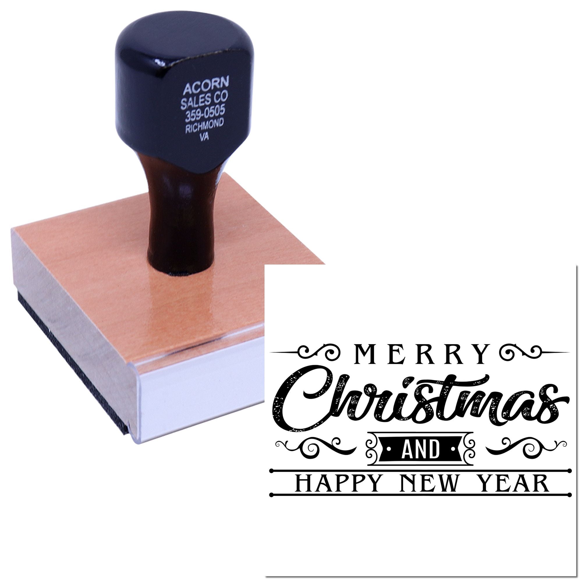 Custom rubber stamp with Merry Christmas and Happy New Year design for holiday cards, invitations, and festive stationery.