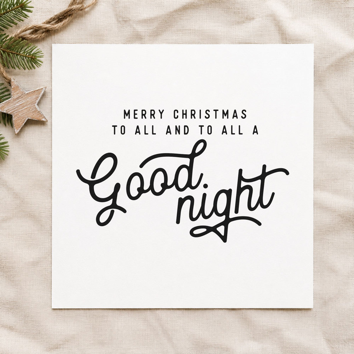 Merry Christmas Good Night rubber stamp printed in black ink, ready for reading log sheet and similar paper crafts.