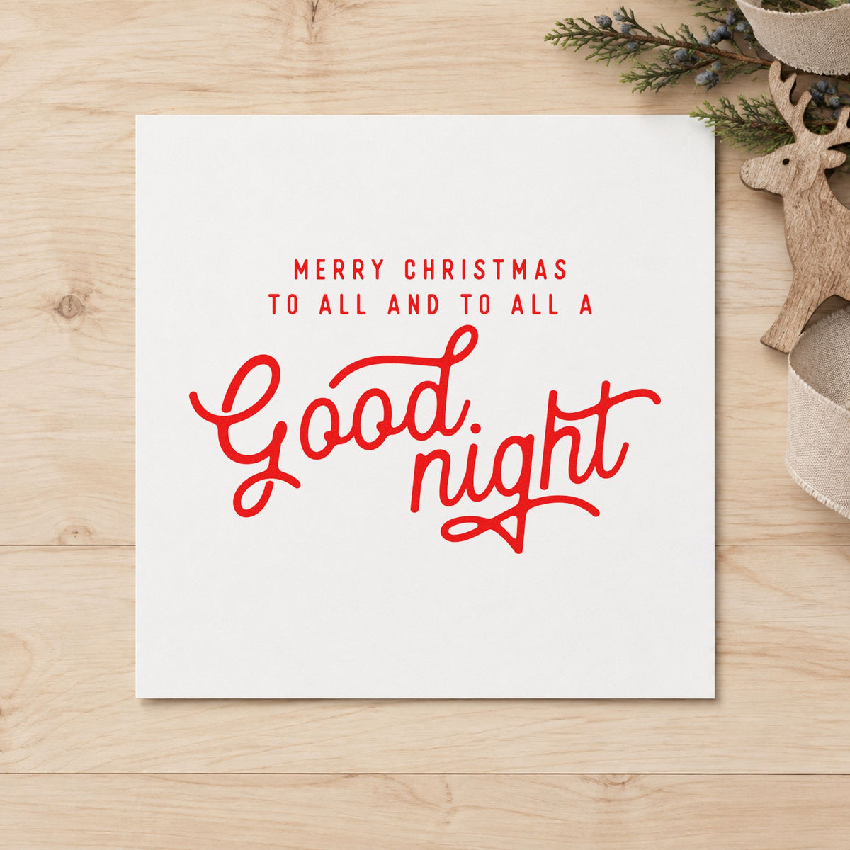 Merry Christmas Good Night rubber stamp shown in red ink, stamped for projects such as shelf age labels.