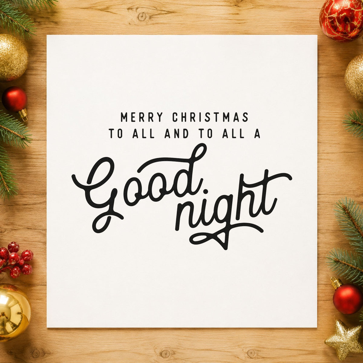 Merry Christmas Good Night rubber stamp printed in black ink, ready for goodnight line cards and similar paper crafts.