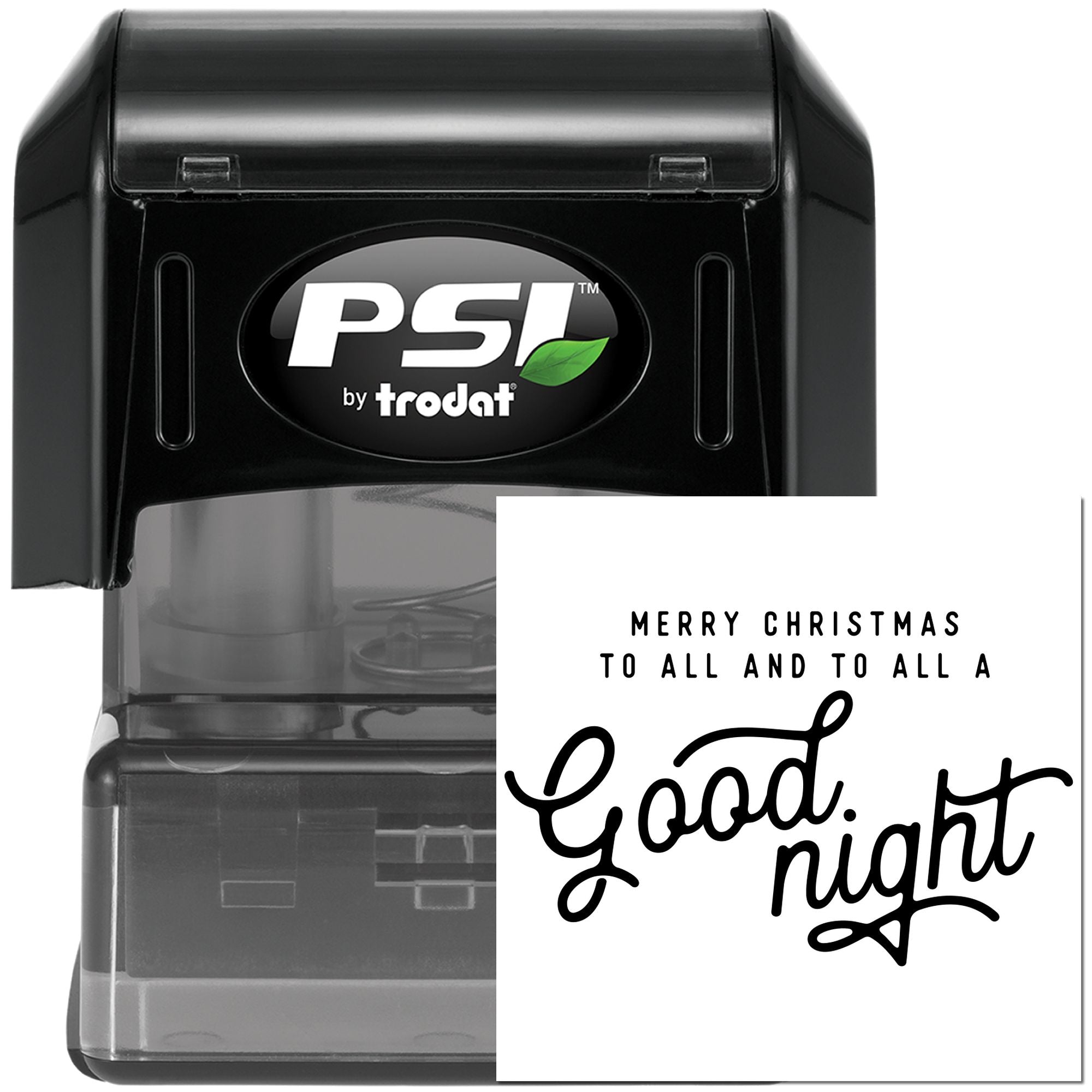 PSI by Trodat self-inking rubber stamp with Merry Christmas to all and to all a good night holiday greeting.