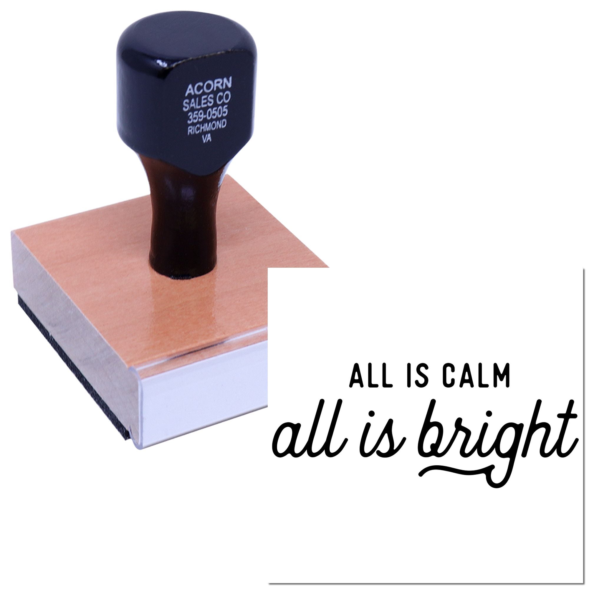 Custom rubber stamp with All Is Calm, All Is Bright holiday phrase for festive card making and seasonal crafting.