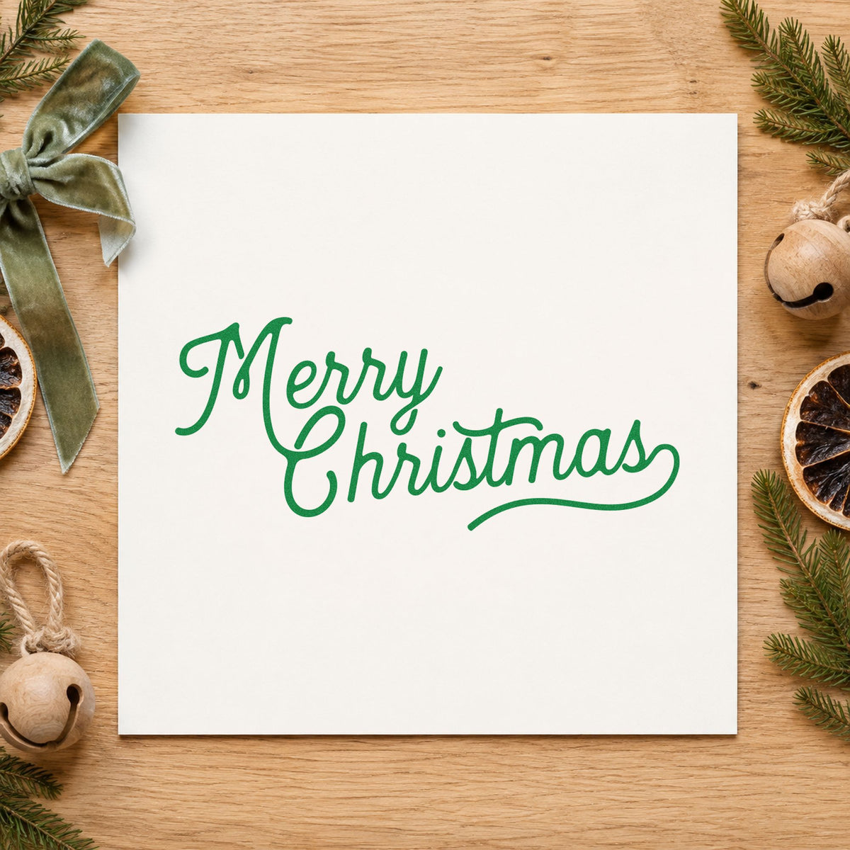Merry Christmas Script Greeting craft stamp in green ink on cardstock, an easy option for practice album page.