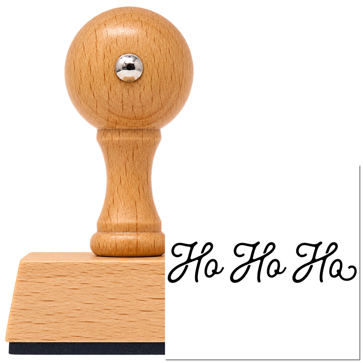 Ho Ho Ho Vintage Pro rubber stamp in European beech wood with a round knob handle, shown beside its black imprint.