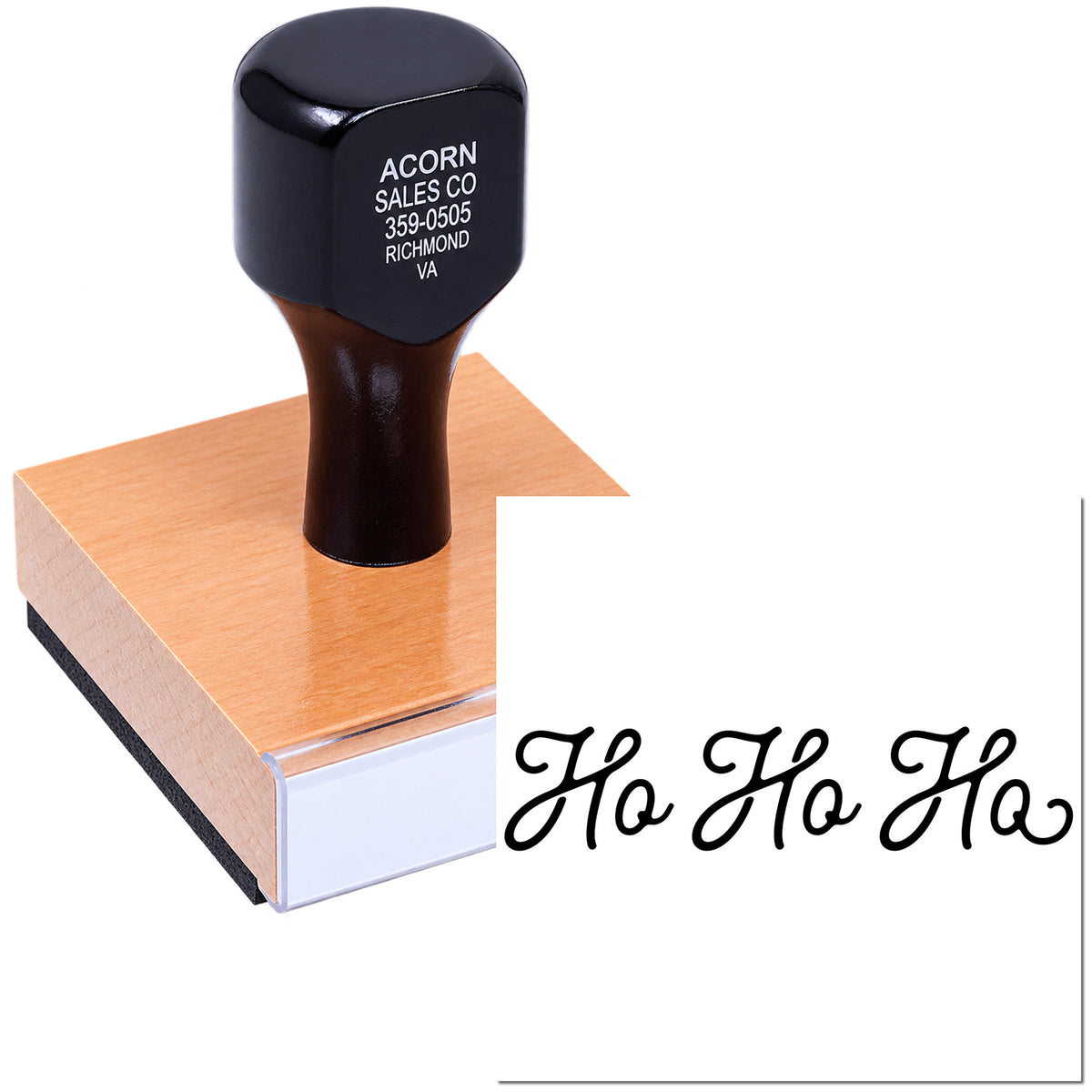 Custom rubber stamp with Ho Ho Ho Christmas design for holiday cards, gift tags, and festive packaging.