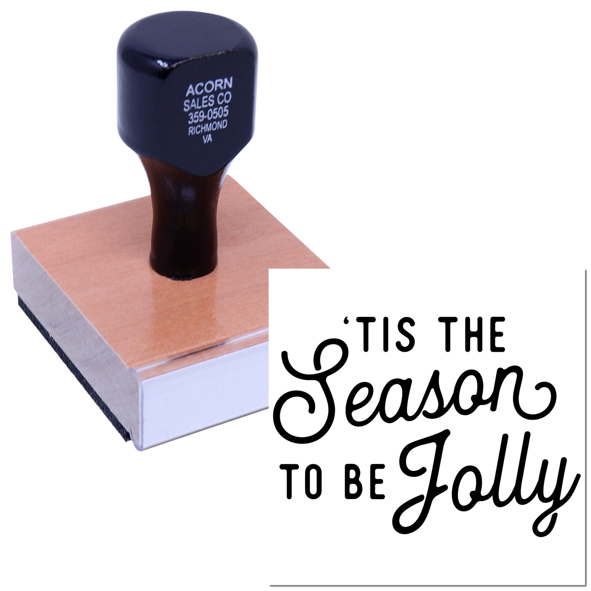 Custom rubber stamp with "Tis the Season to Be Jolly" design for holiday crafting and festive business branding.