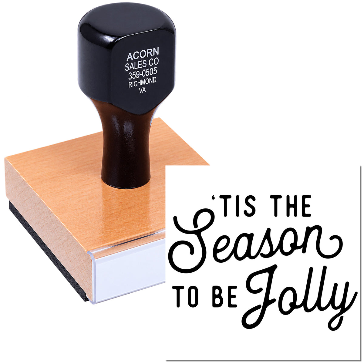 Custom rubber stamp with "Tis the Season to Be Jolly" design for holiday crafting and festive business branding.