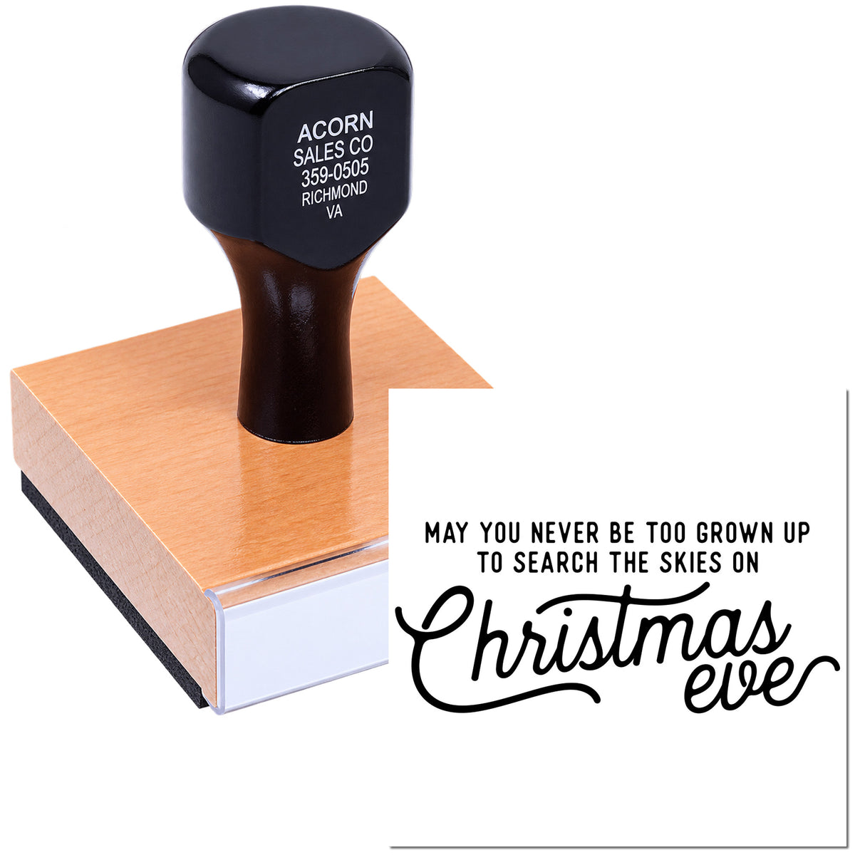 Custom rubber stamp with May you never be too grown up to search the skies on Christmas Eve holiday quote design