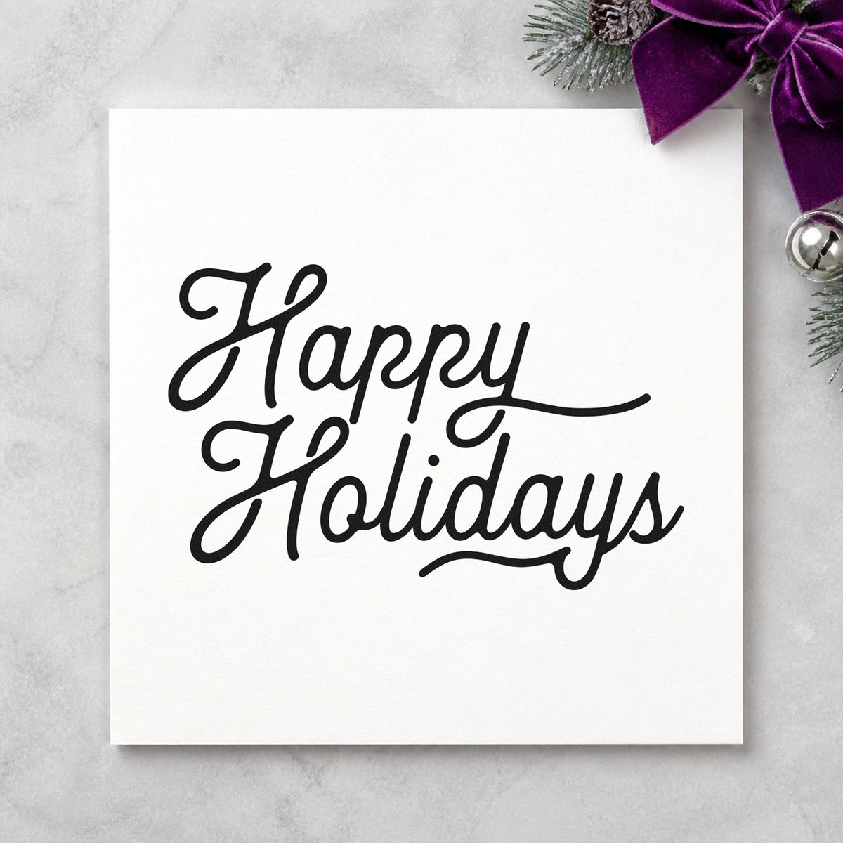 Happy Holidays Flowing Script rubber stamp printed in black ink, ready for sign off note sheet and similar paper crafts.