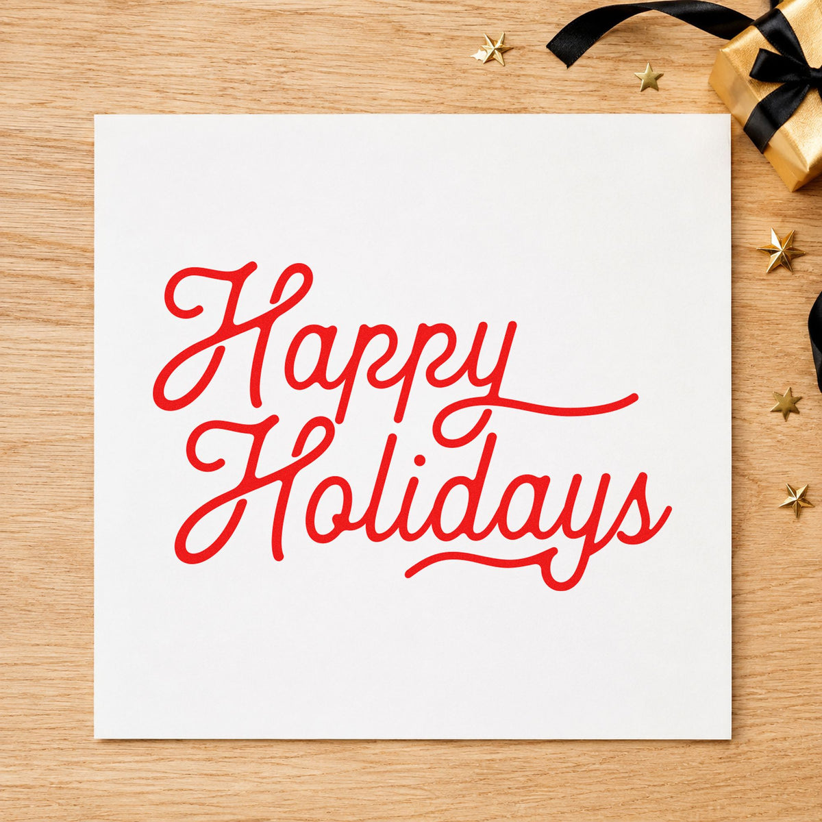 Happy Holidays Flowing Script craft stamp in red ink on cardstock, an easy option for sash end printing.