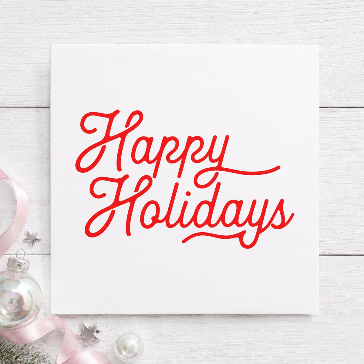 Happy Holidays Flowing Script rubber stamp shown in red ink, stamped for projects such as band edge labels.