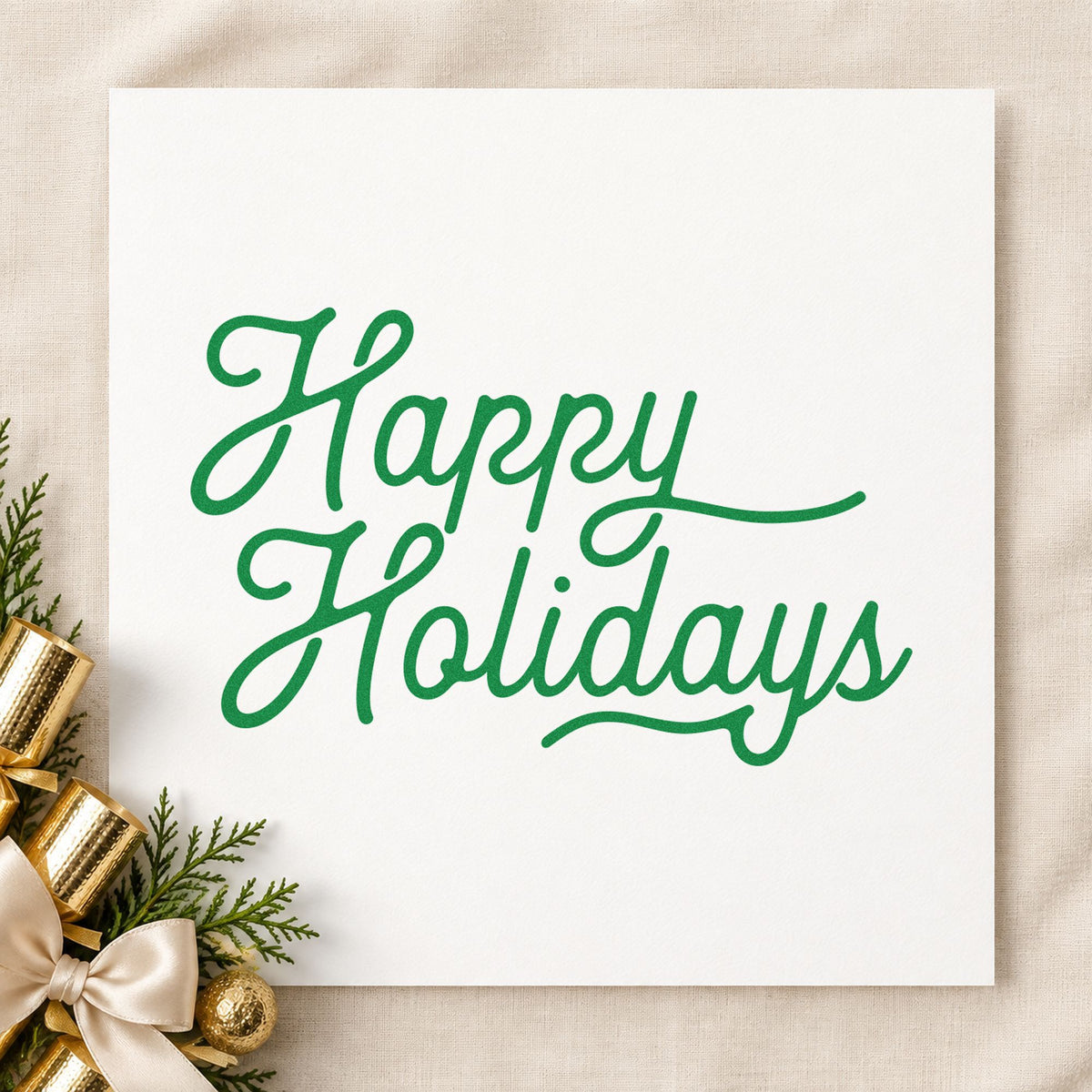 Happy Holidays Flowing Script craft stamp imprint in green ink on a handmade project, one idea being formal note cards.
