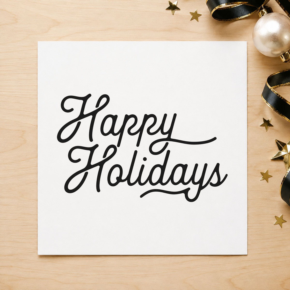 Happy Holidays Flowing Script rubber stamp printed in black ink, ready for finishing stroke cards and similar paper crafts.