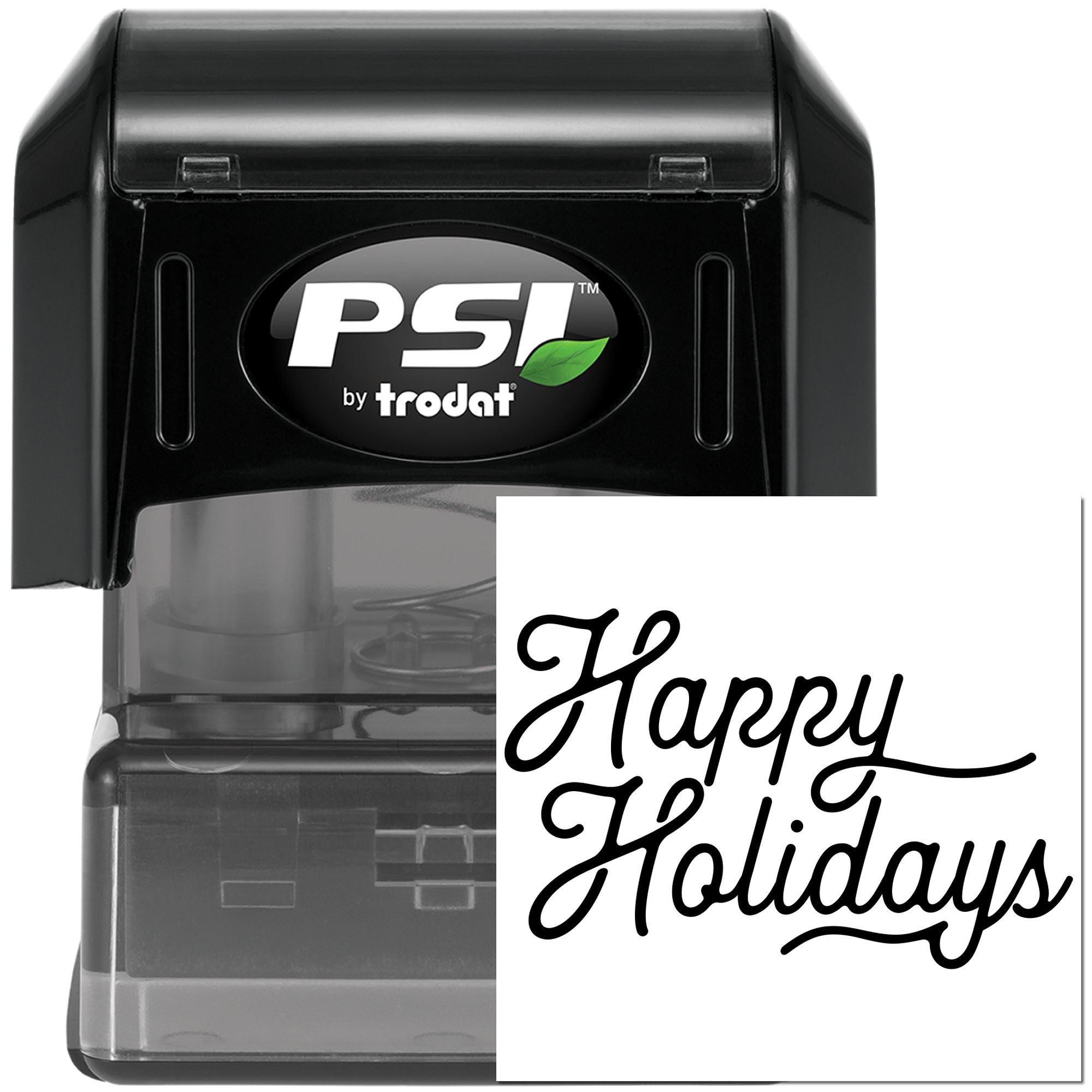 PSI by Trodat self-inking rubber stamp with Happy Holidays impression for festive cards, mailings, and business use