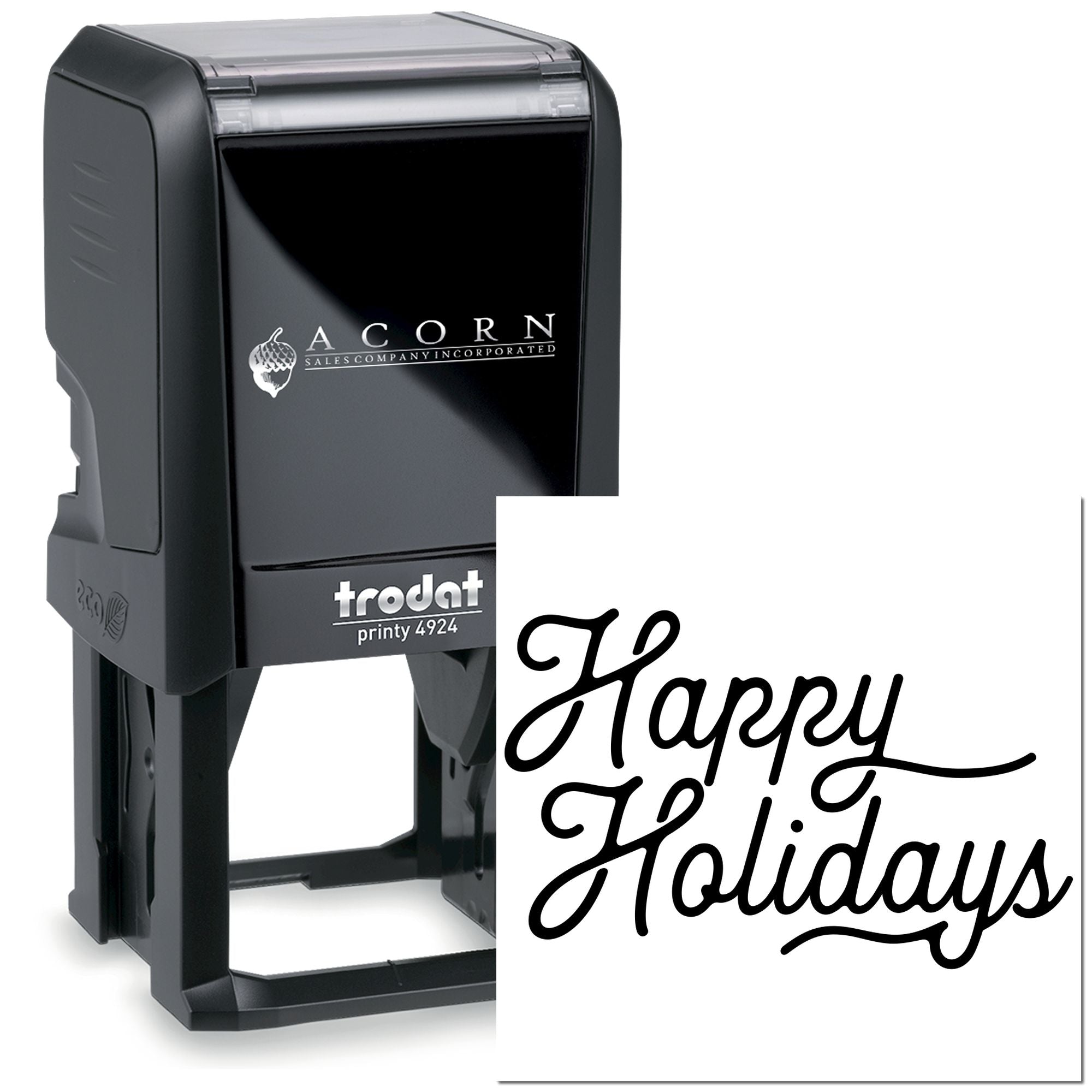 Custom Happy Holidays self-inking rubber stamp with Trodat Printy 4924, ideal for seasonal cards and holiday mailings.