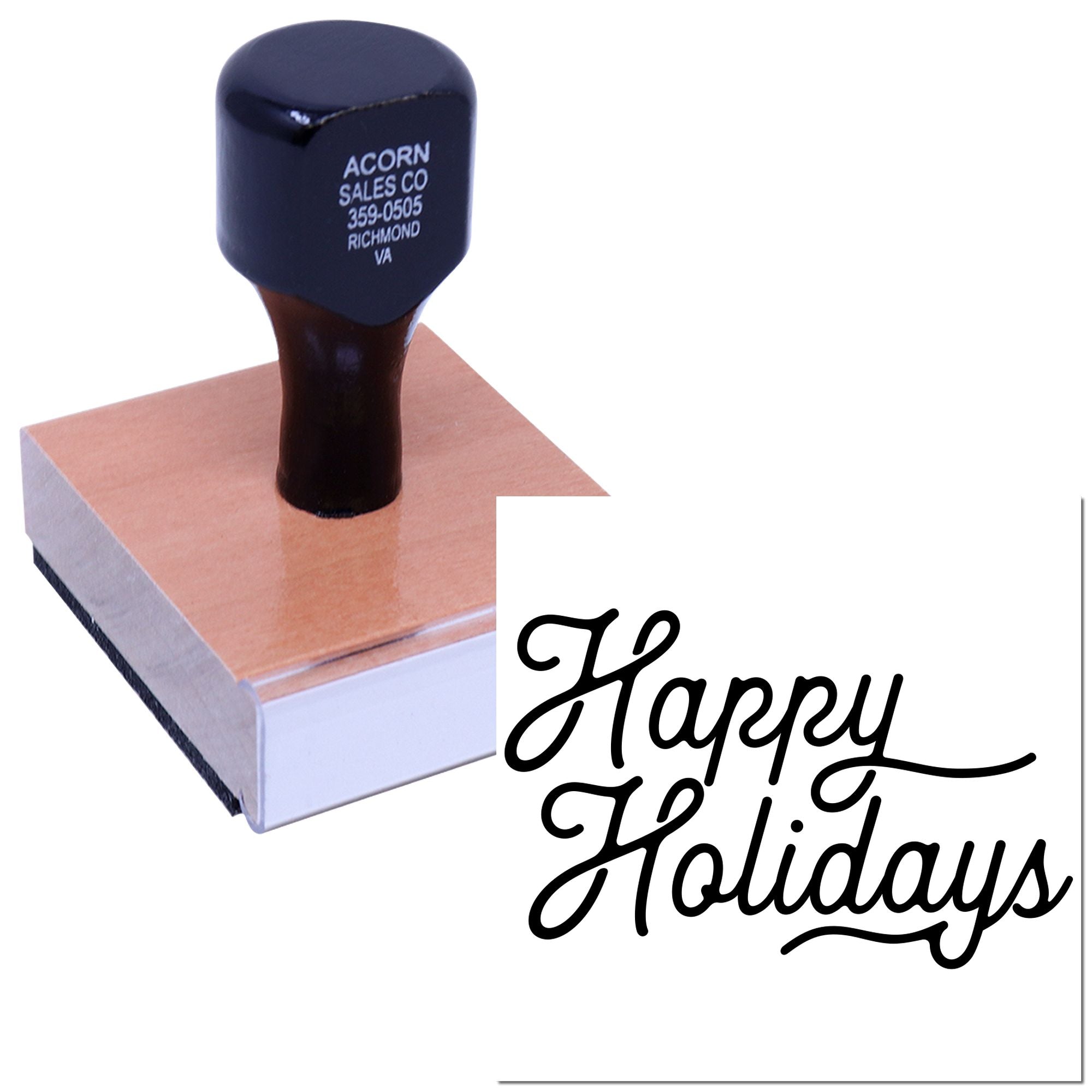 Holiday greeting rubber stamp with Happy Holidays script, perfect for festive cards, packaging, and business mailings.