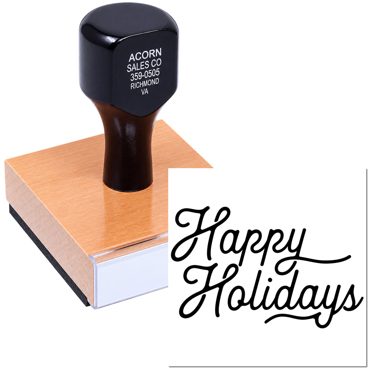 Holiday greeting rubber stamp with Happy Holidays script, perfect for festive cards, packaging, and business mailings.
