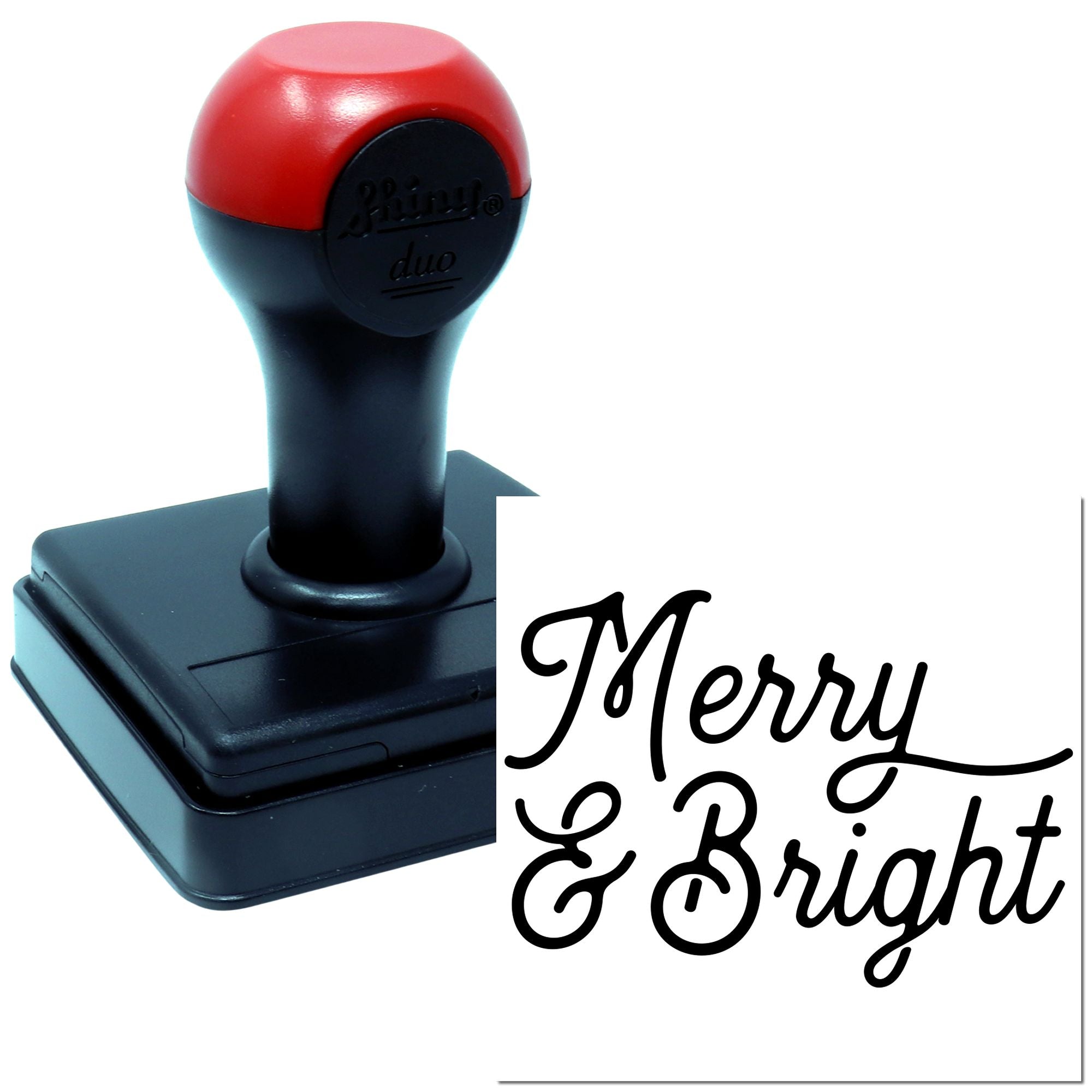 Self-inking rubber stamp with Merry & Bright script for holiday cards, gift tags, and festive packaging.