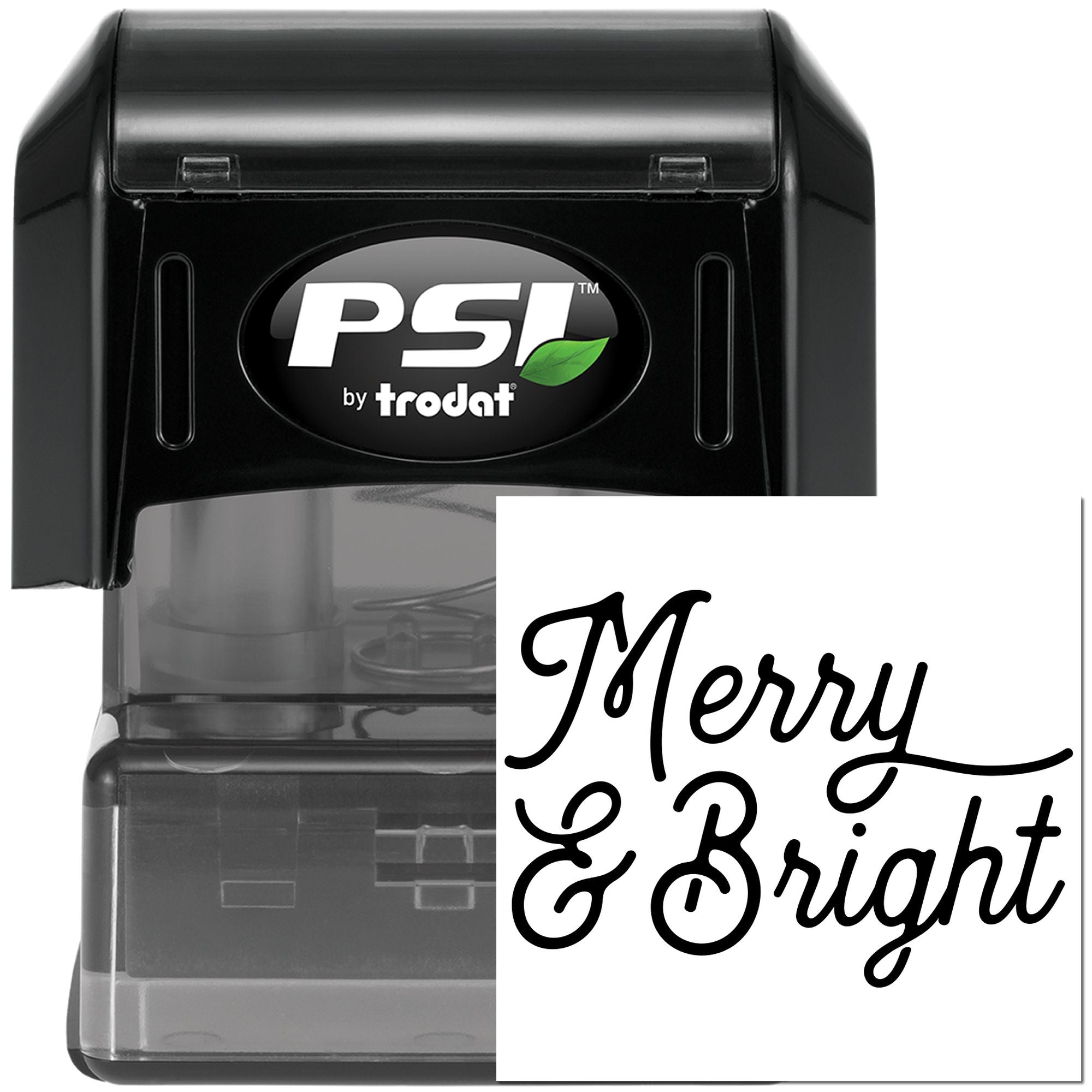 Merry & Bright self-inking rubber stamp by PSI Trodat for holiday cards and festive packaging.
