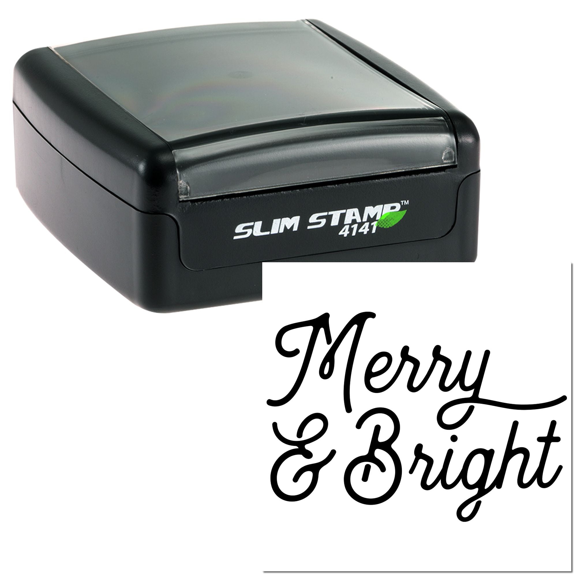 Slim Stamp 4141 custom rubber stamp with Merry & Bright holiday design, ideal for personalized festive stamping.