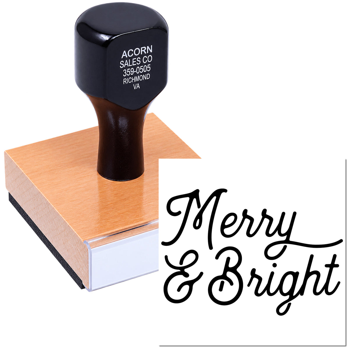 Merry & Bright holiday rubber stamp on wooden block for festive cards, crafts, and gift packaging.