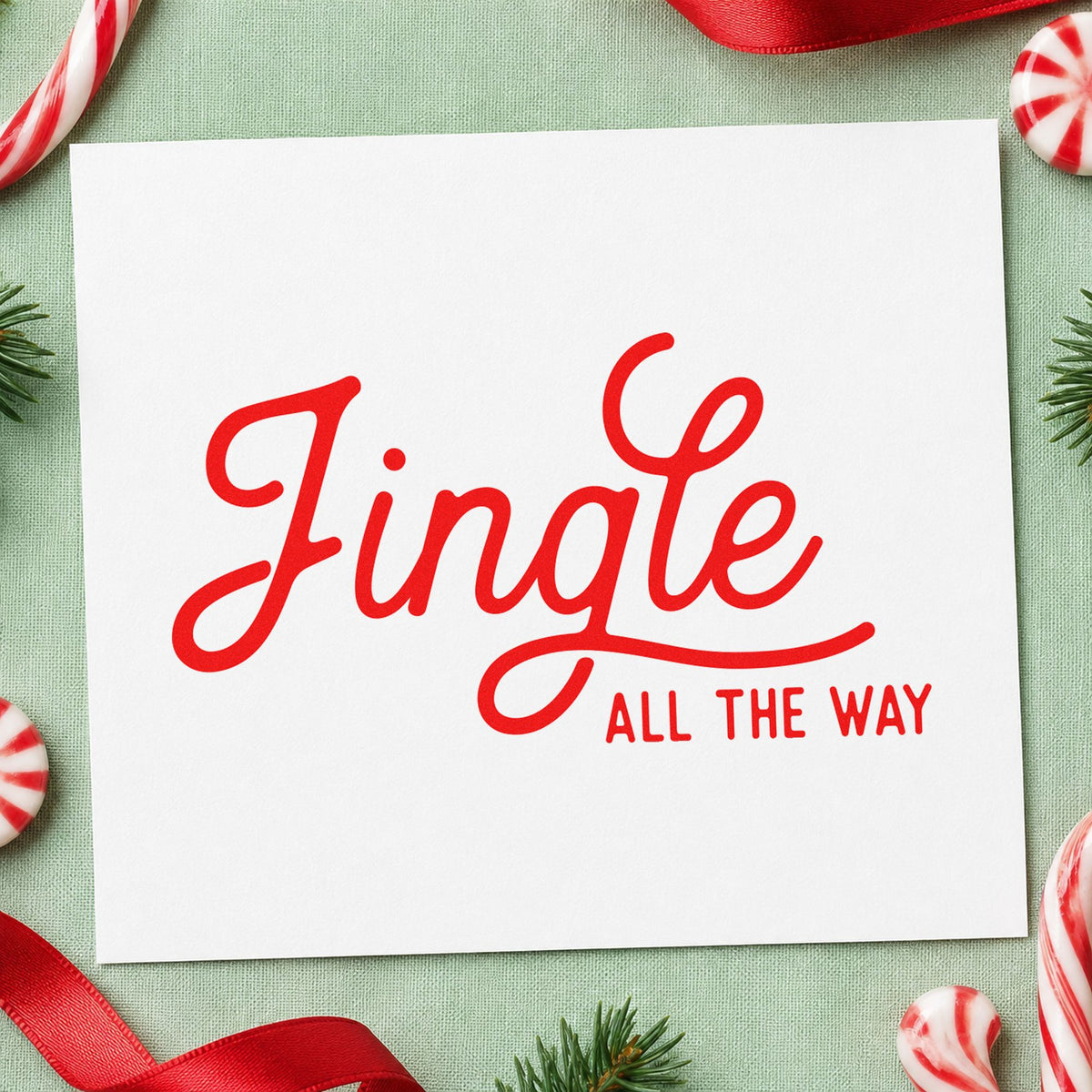 Jingle All The Way Script rubber stamp shown in red ink, stamped for projects such as shelf tier labels.