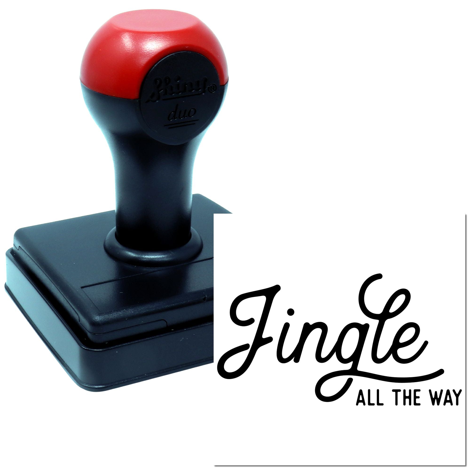 Self-inking rubber stamp with Jingle All the Way text for holiday cards, crafts, and festive packaging.