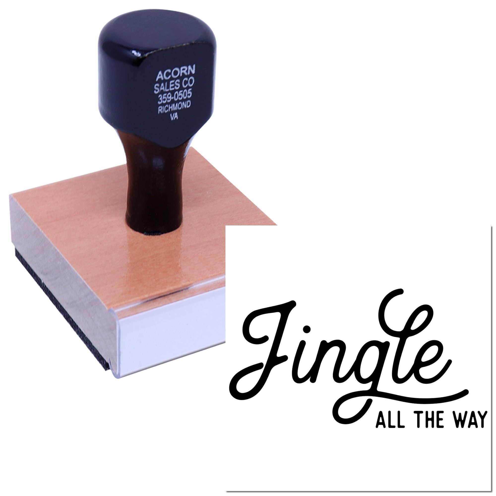 Custom Christmas rubber stamp with Jingle All the Way design for festive cards, crafts, and gift packaging.