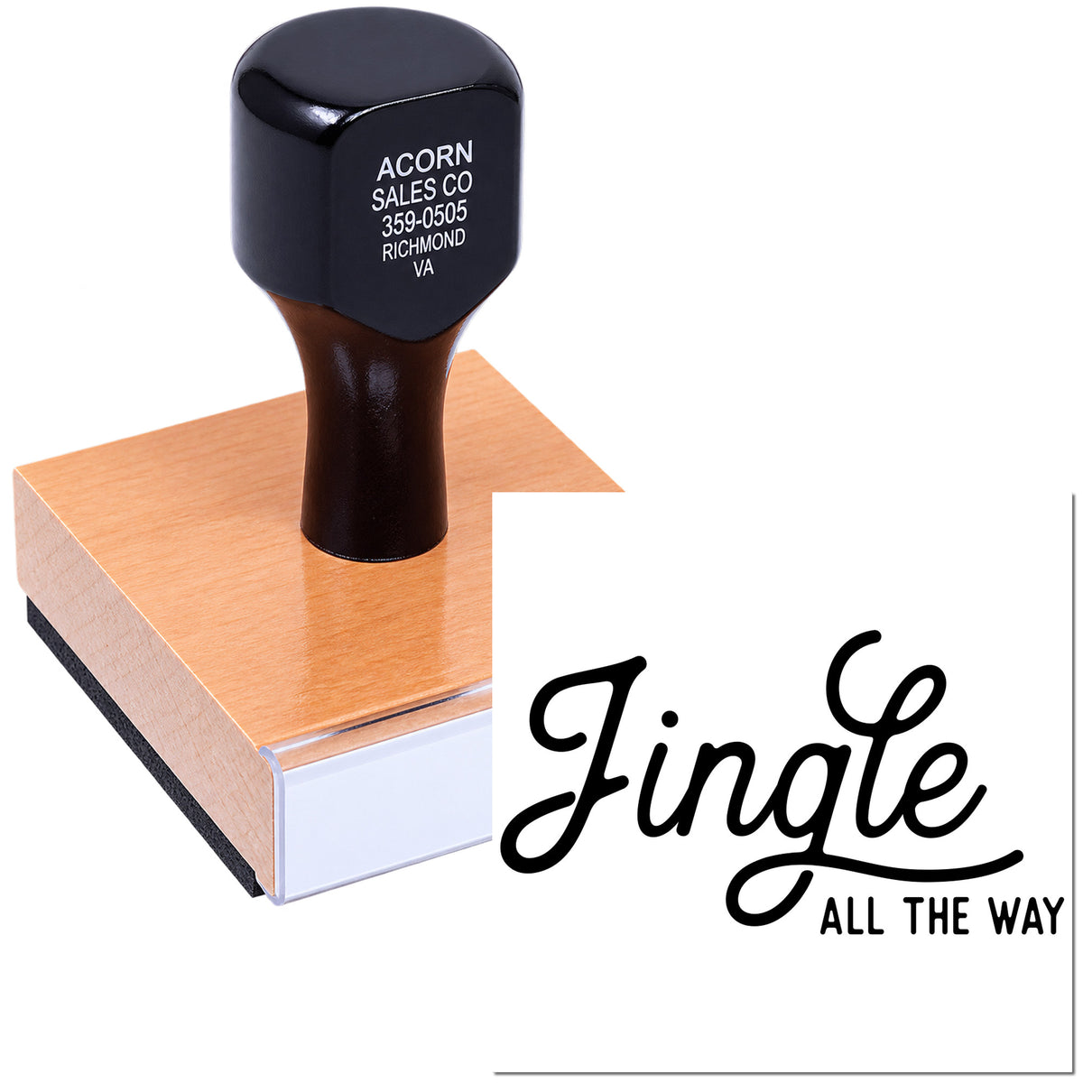 Custom Christmas rubber stamp with Jingle All the Way design for festive cards, crafts, and gift packaging.
