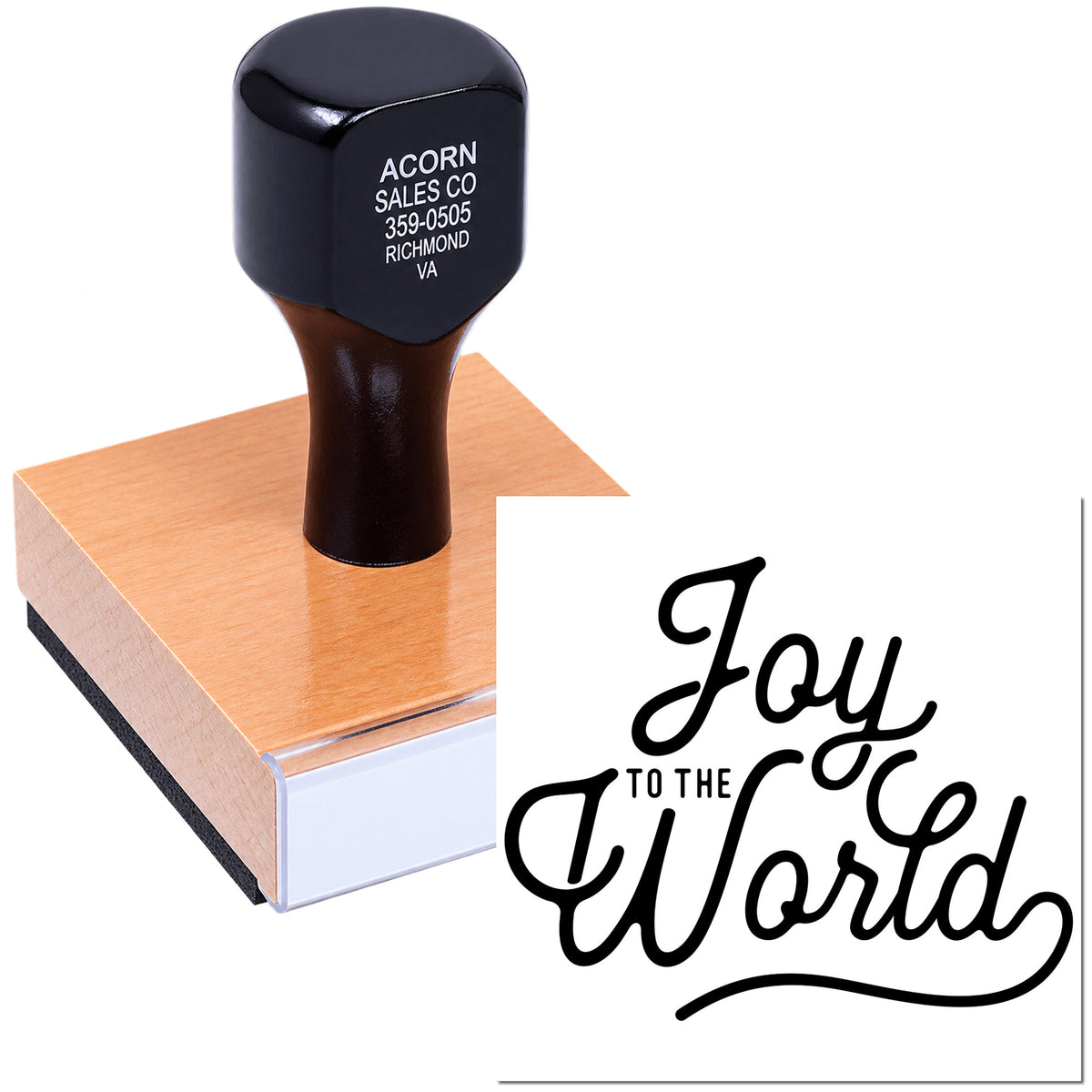 Custom rubber stamp showing the Joy to the World script design, ideal for holiday cards and festive crafts.