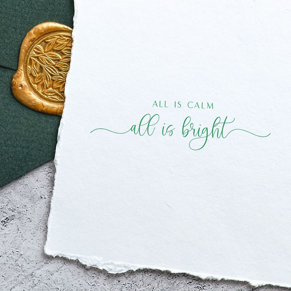 All Calm Bright Fine Script rubber stamp shown in purple ink, stamped for projects such as fine detail album.