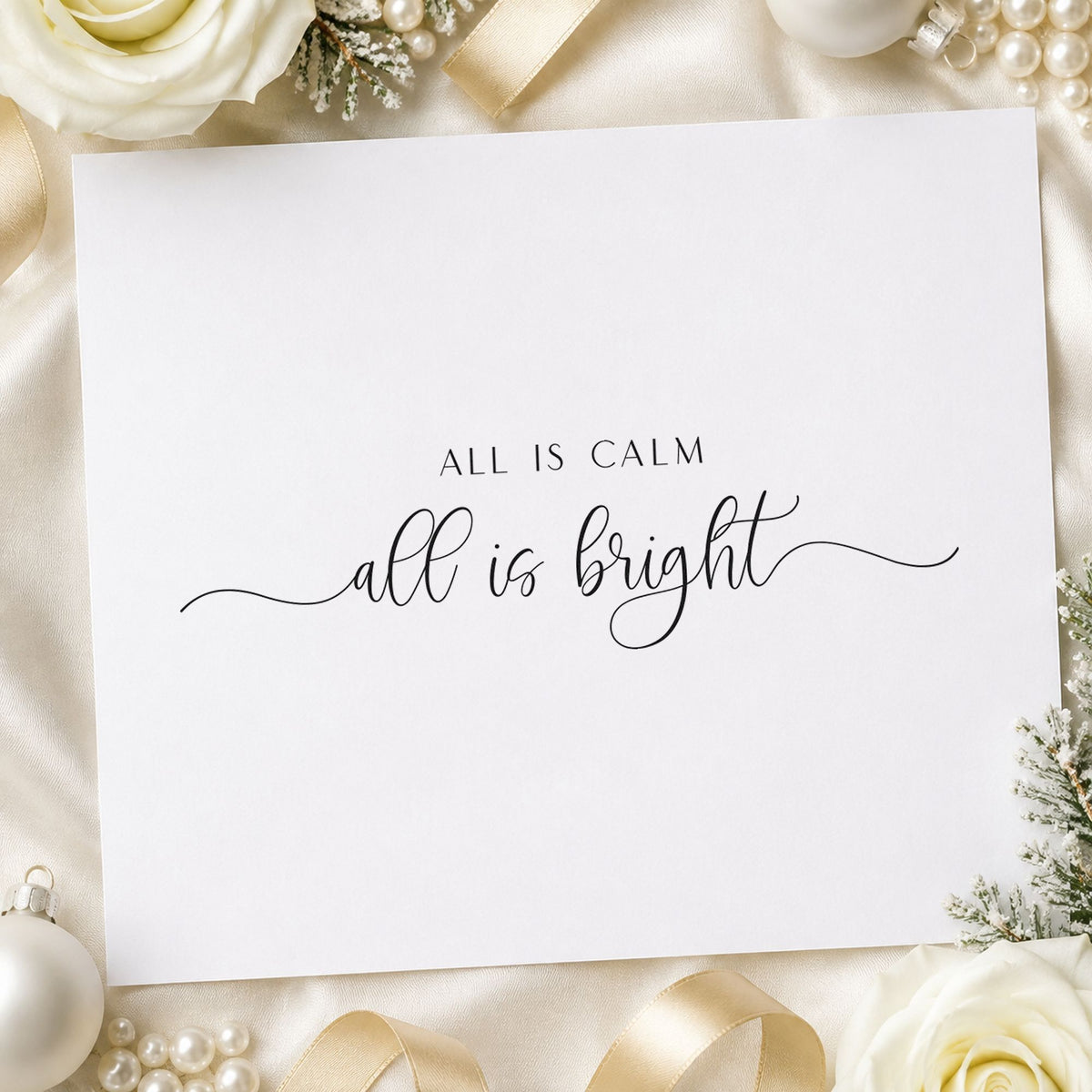 All Calm Bright Fine Script craft stamp imprint in black ink on a handmade project, one idea being vellum thin tags.