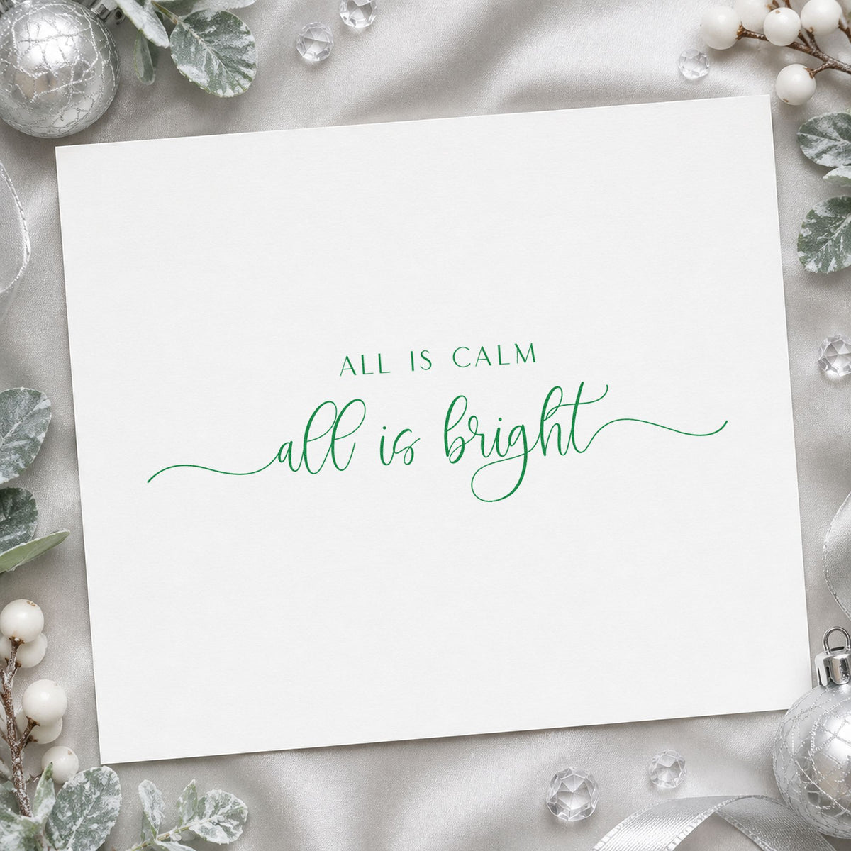 All Calm Bright Fine Script craft stamp imprinted in purple ink on paper, a design suited to framed glass float.