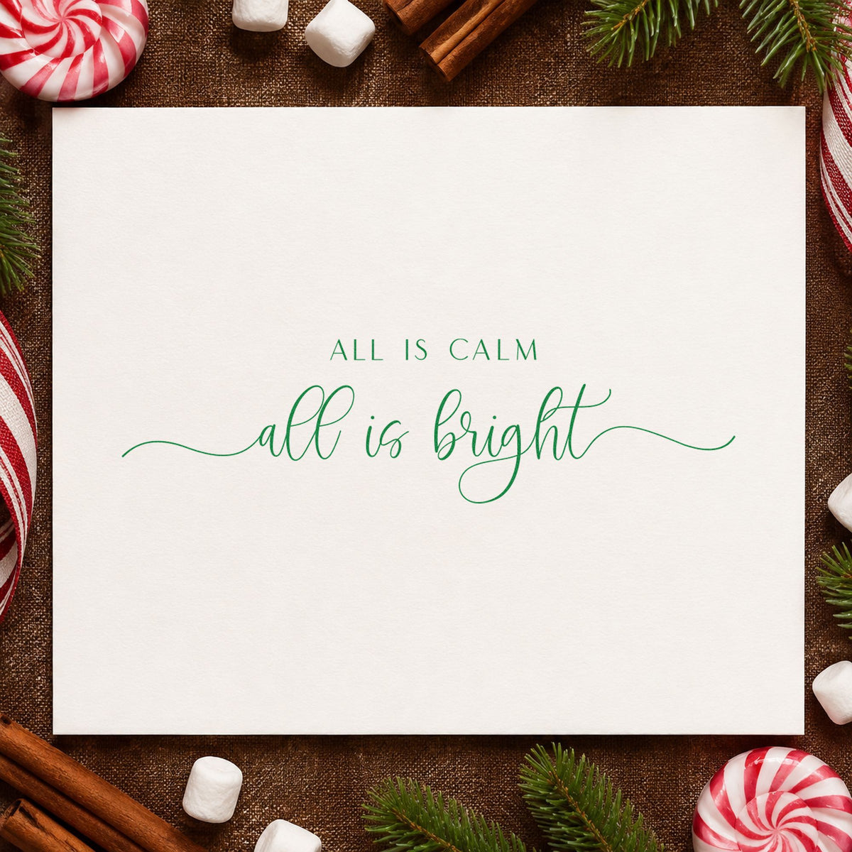 All Calm Bright Fine Script craft stamp imprint in purple ink on a handmade project, one idea being tea service slips.