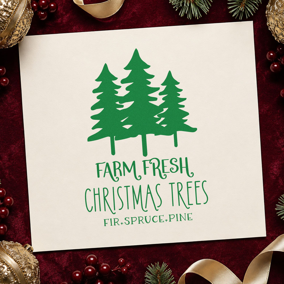 Farm Fresh Three Pine Trees craft stamp in green ink on cardstock, an easy option for silhouette album.