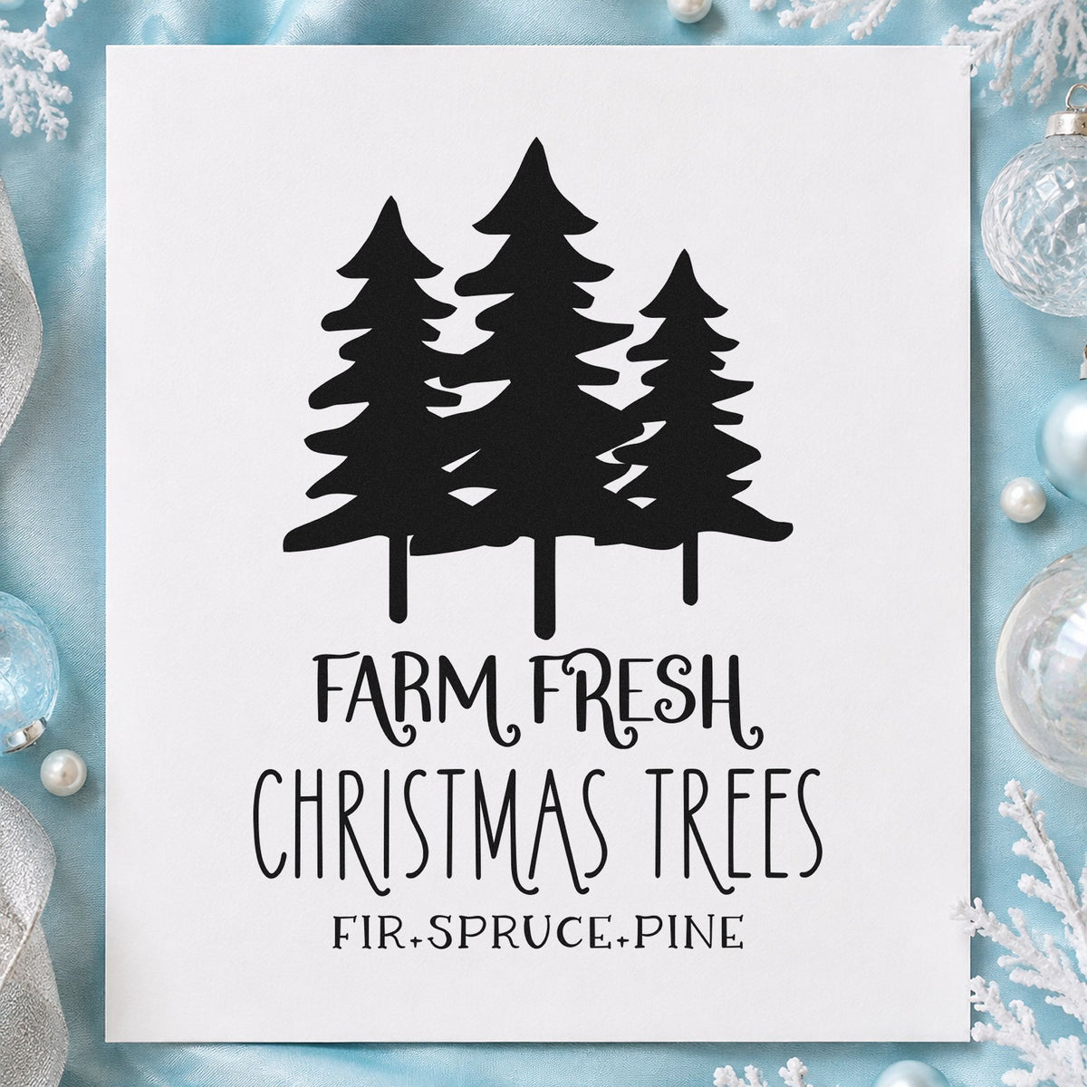 Farm Fresh Three Pine Trees craft stamp imprint in black ink on a handmade project, one idea being bold shape price tags.