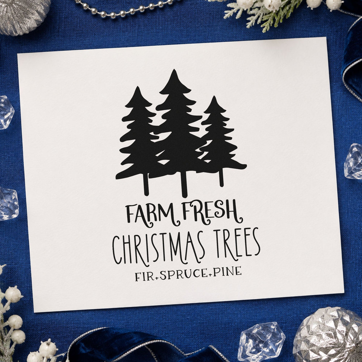 Farm Fresh Three Pine Trees rubber stamp printed in black ink, ready for species count sheet and similar paper crafts.