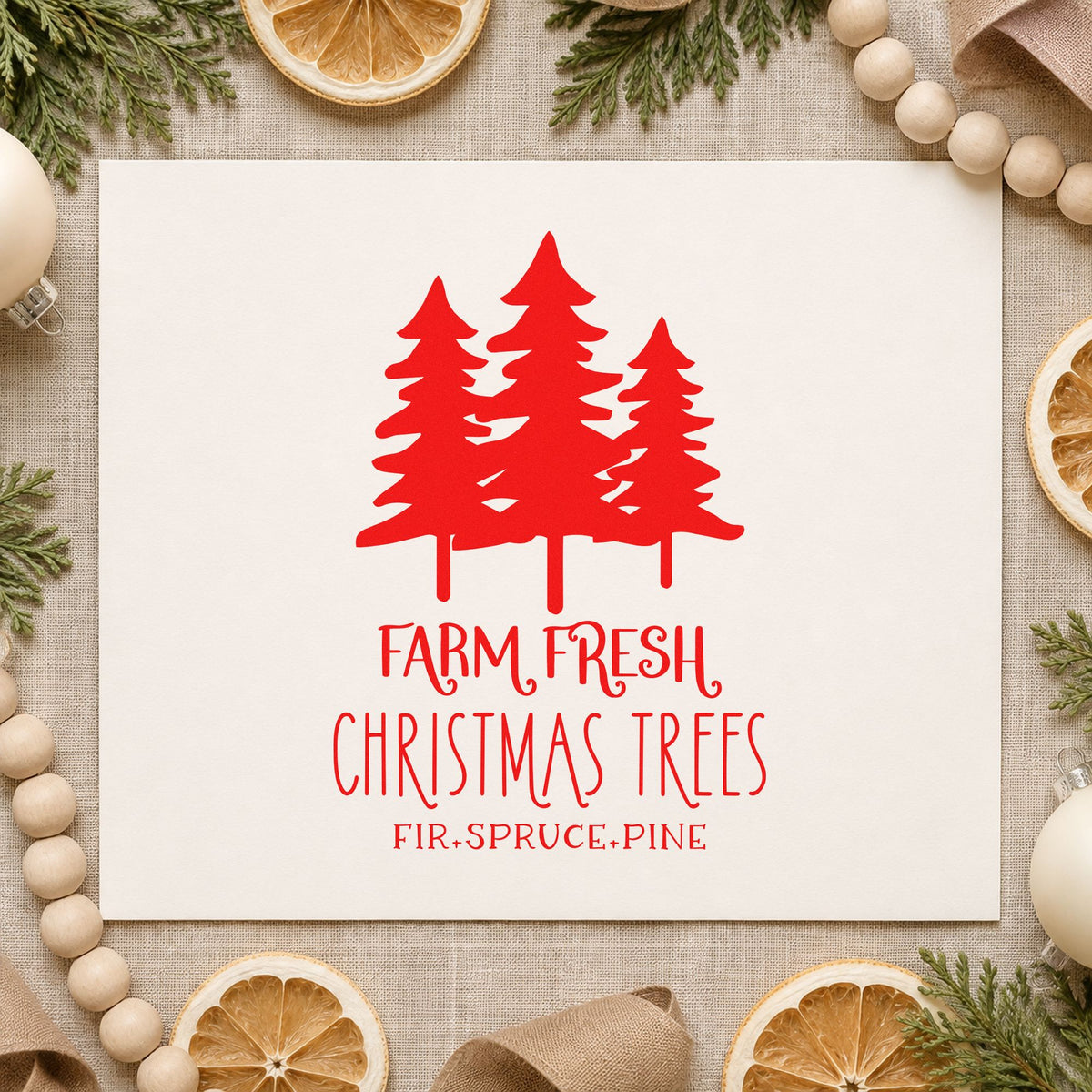 Farm Fresh Three Pine Trees craft stamp in red ink on cardstock, an easy option for burlap wrap printing.