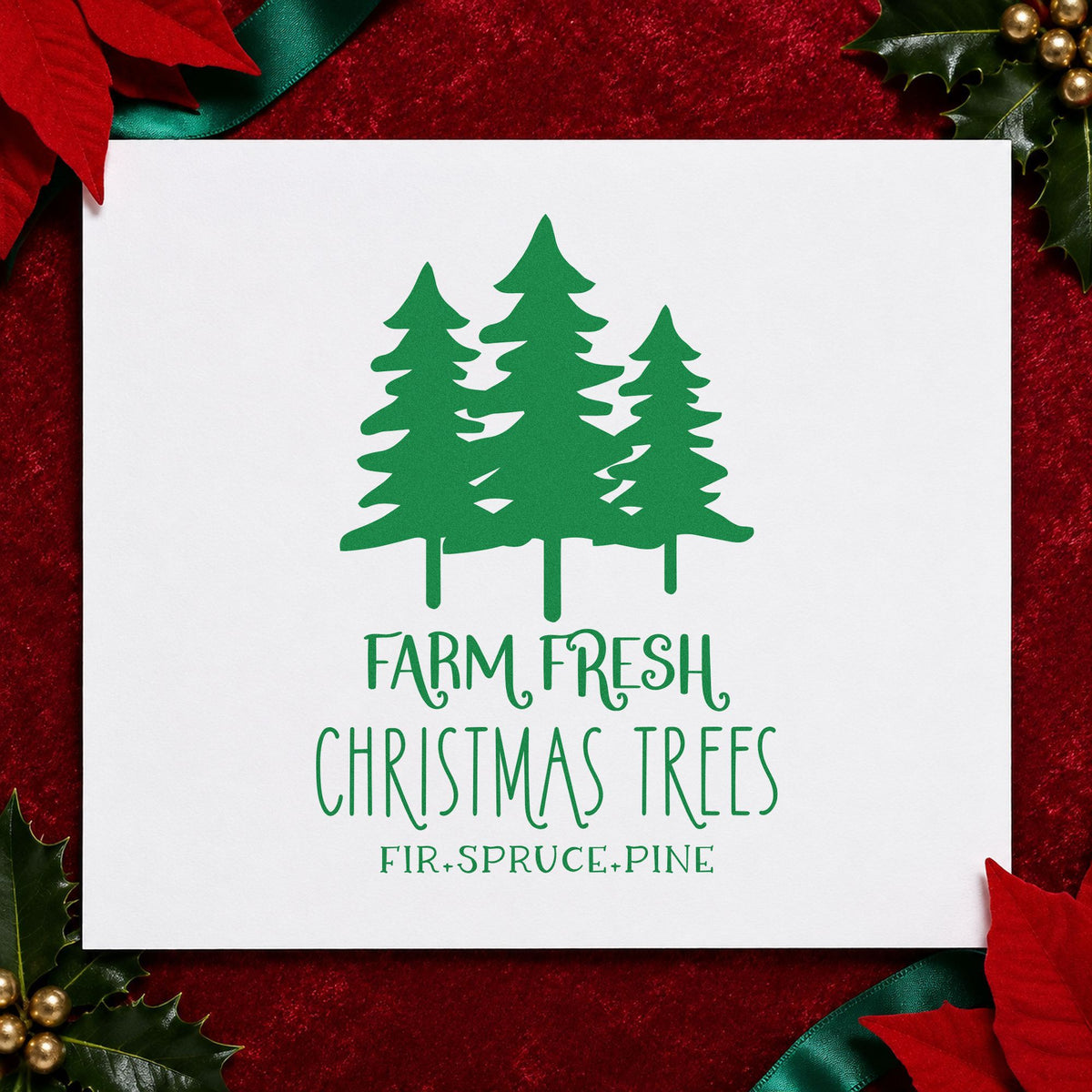Farm Fresh Three Pine Trees craft stamp imprinted in green ink on paper, a design suited to framed graphic sign.